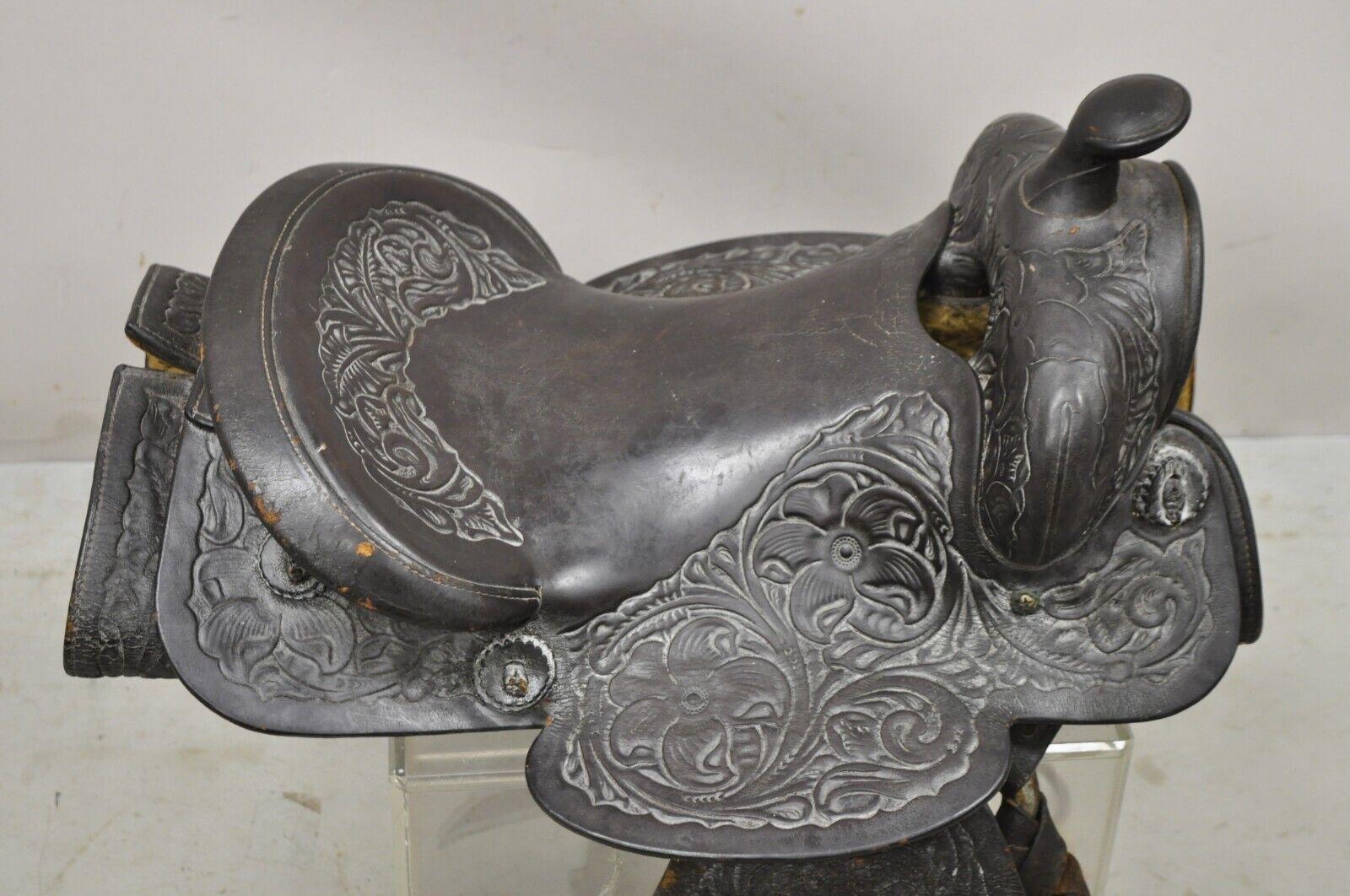 Vintage Brown Tooled Leather Floral Embossed Seat Horse Saddle For Sale 6