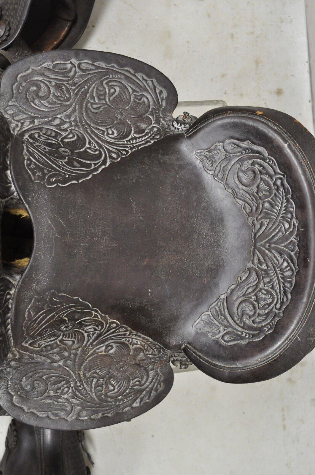 Vintage Brown Tooled Leather Floral Embossed Seat Horse Saddle For Sale 7