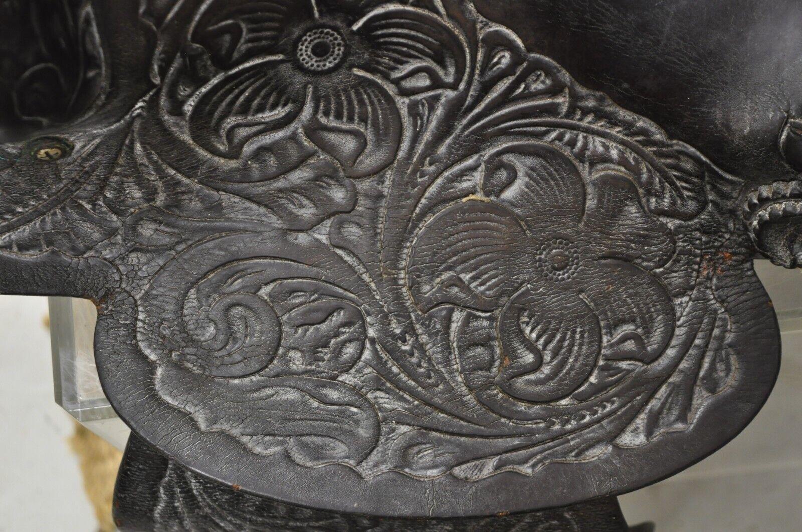 Country Vintage Brown Tooled Leather Floral Embossed Seat Horse Saddle For Sale
