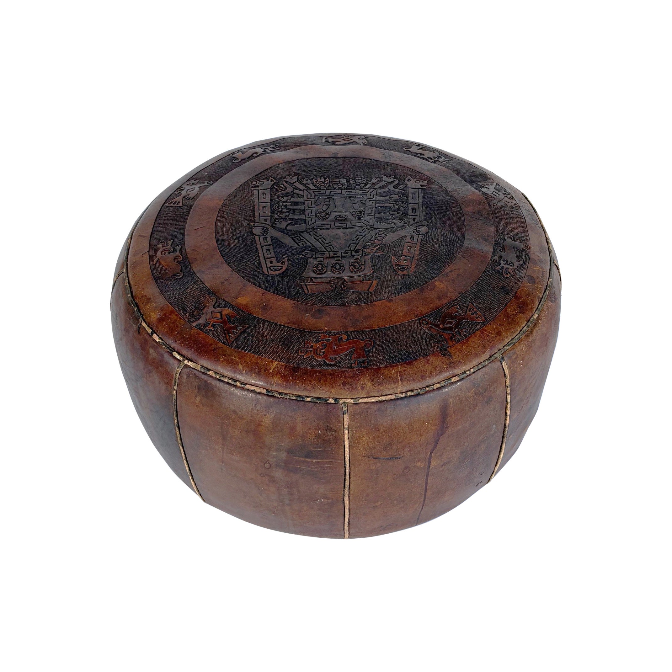 Vintage Brown Tooled Saddle Leather Peruvian Ottoman Hassock For Sale
