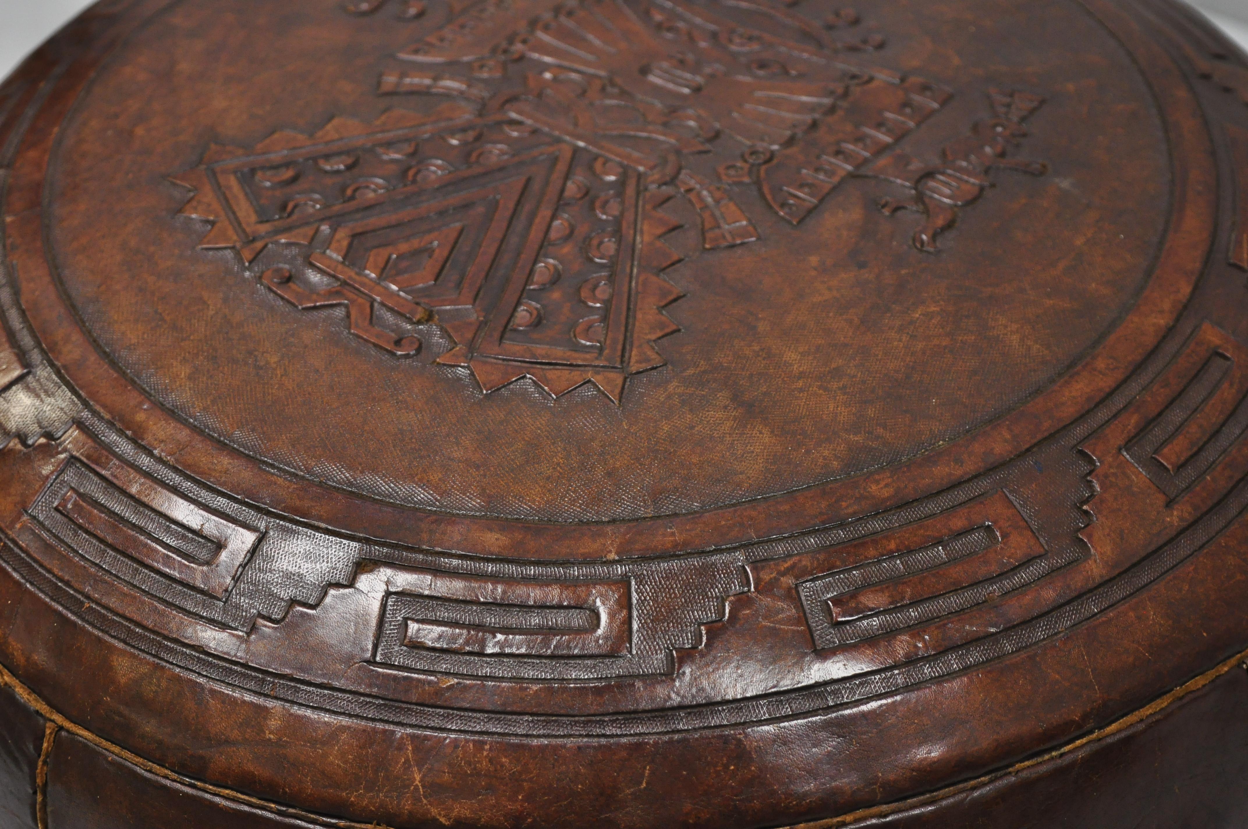 Vintage Brown Tooled Saddle Leather Peruvian Ottoman Hassock with Handle 4