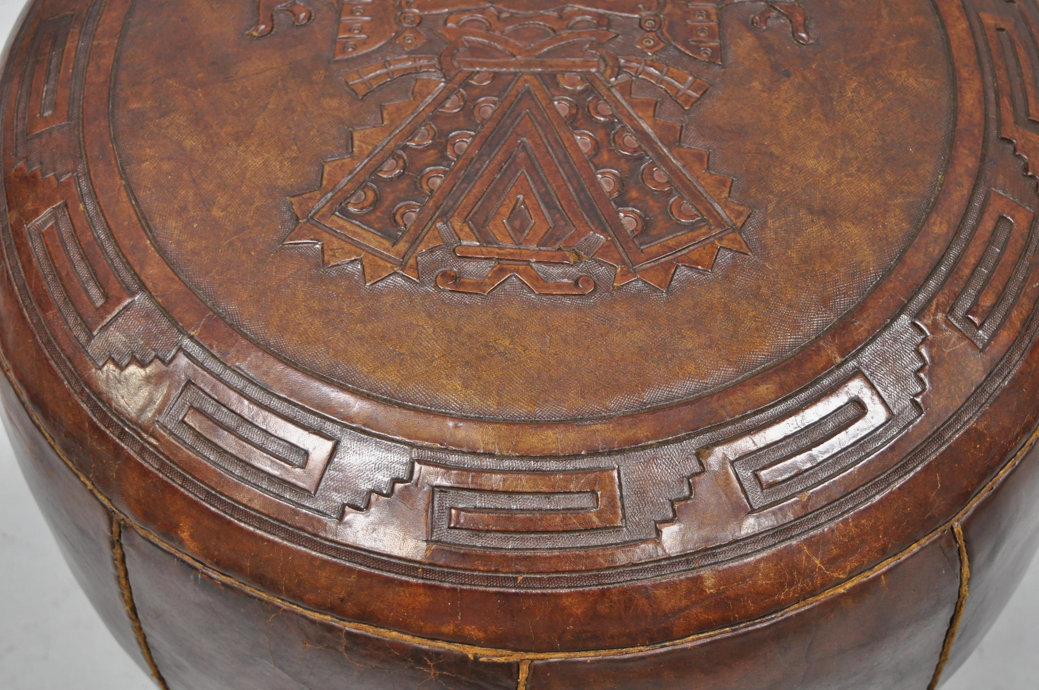 Bohemian Vintage Brown Tooled Saddle Leather Peruvian Ottoman Hassock with Handle