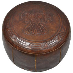 Vintage Brown Tooled Saddle Leather Peruvian Ottoman Hassock with Handle