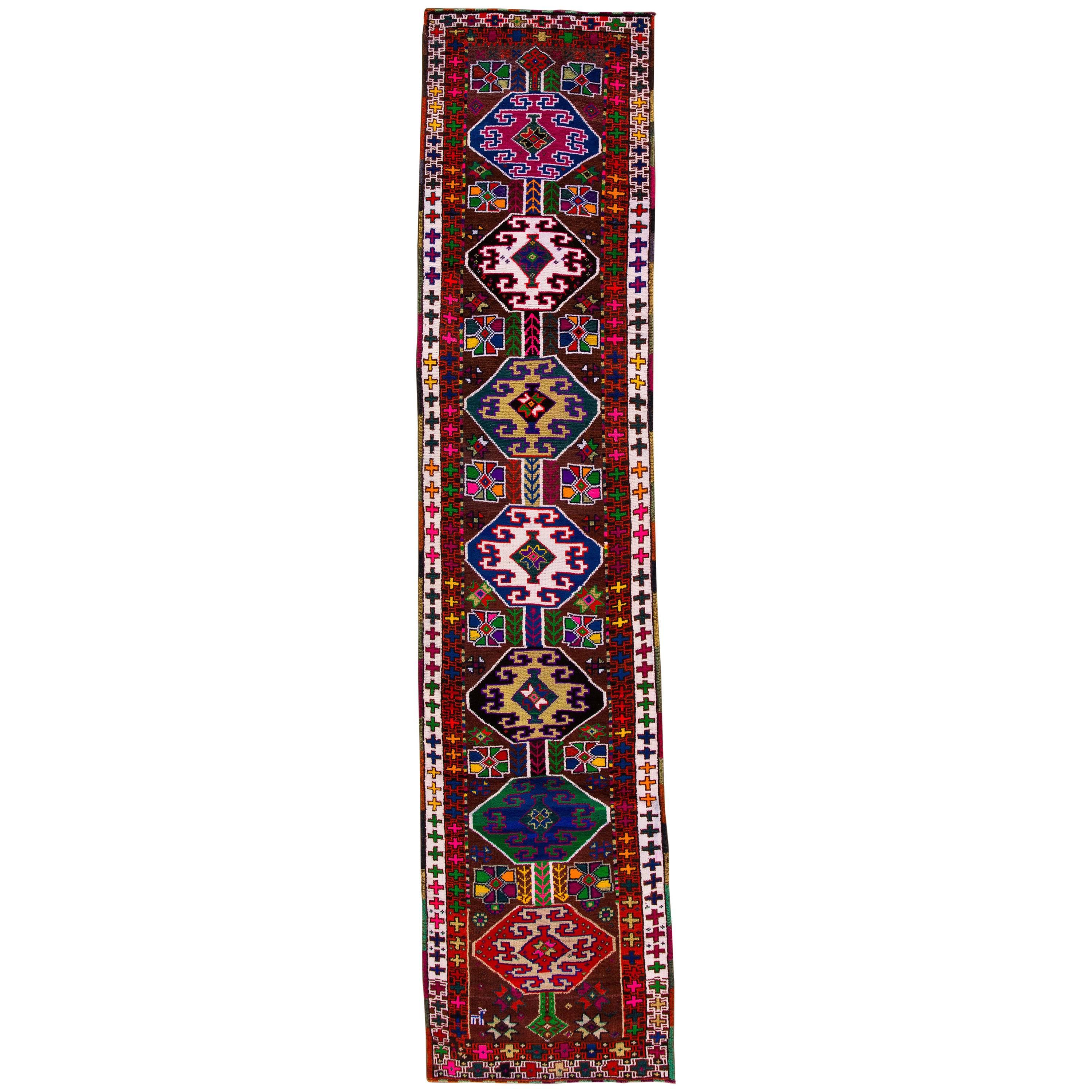 Vintage Brown Tribal Turkish Runner Rug For Sale