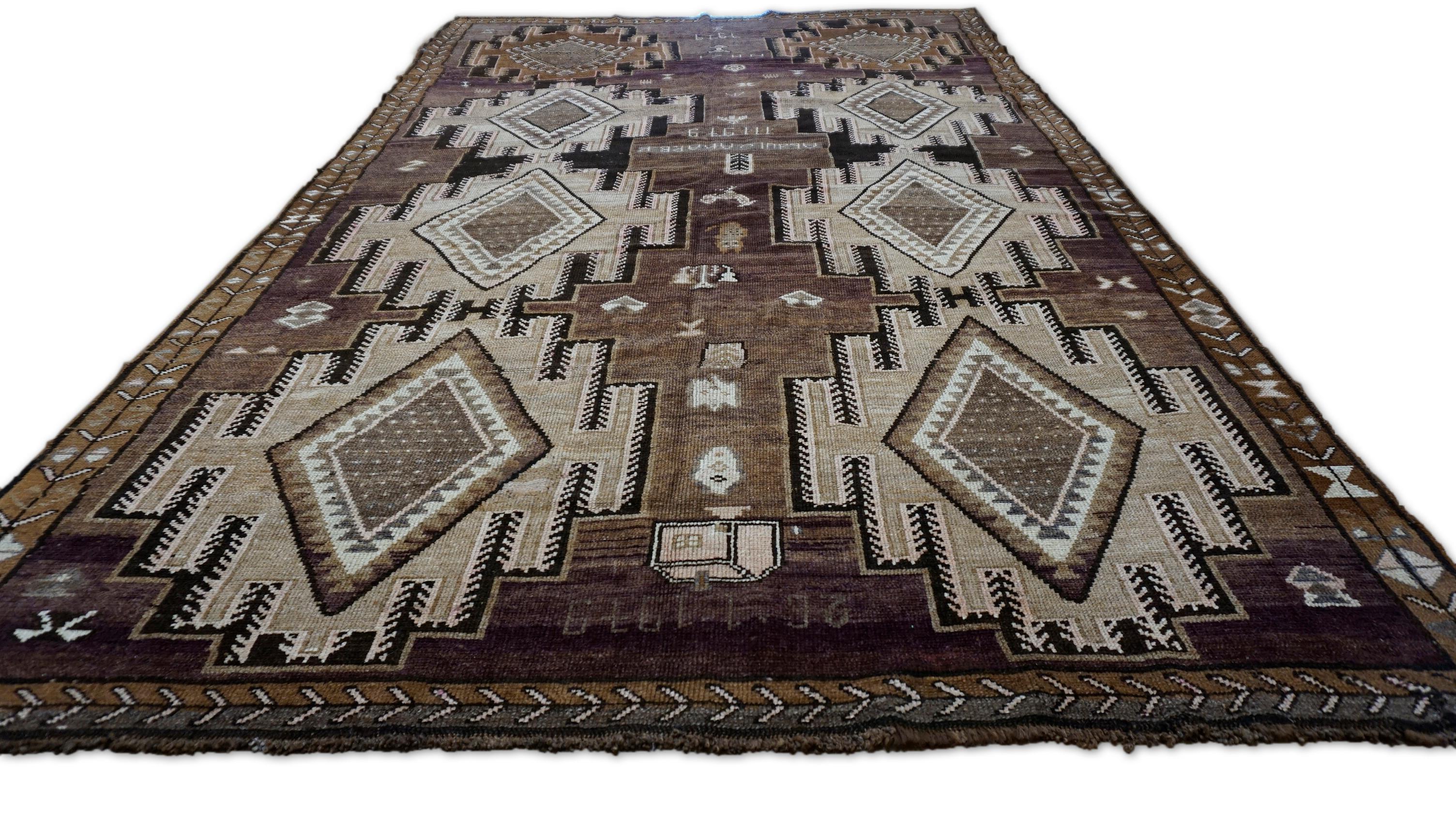 Folk Art Vintage Brown Tribal Wool Rug 7'3''x12'6'' Circa 1960 For Sale