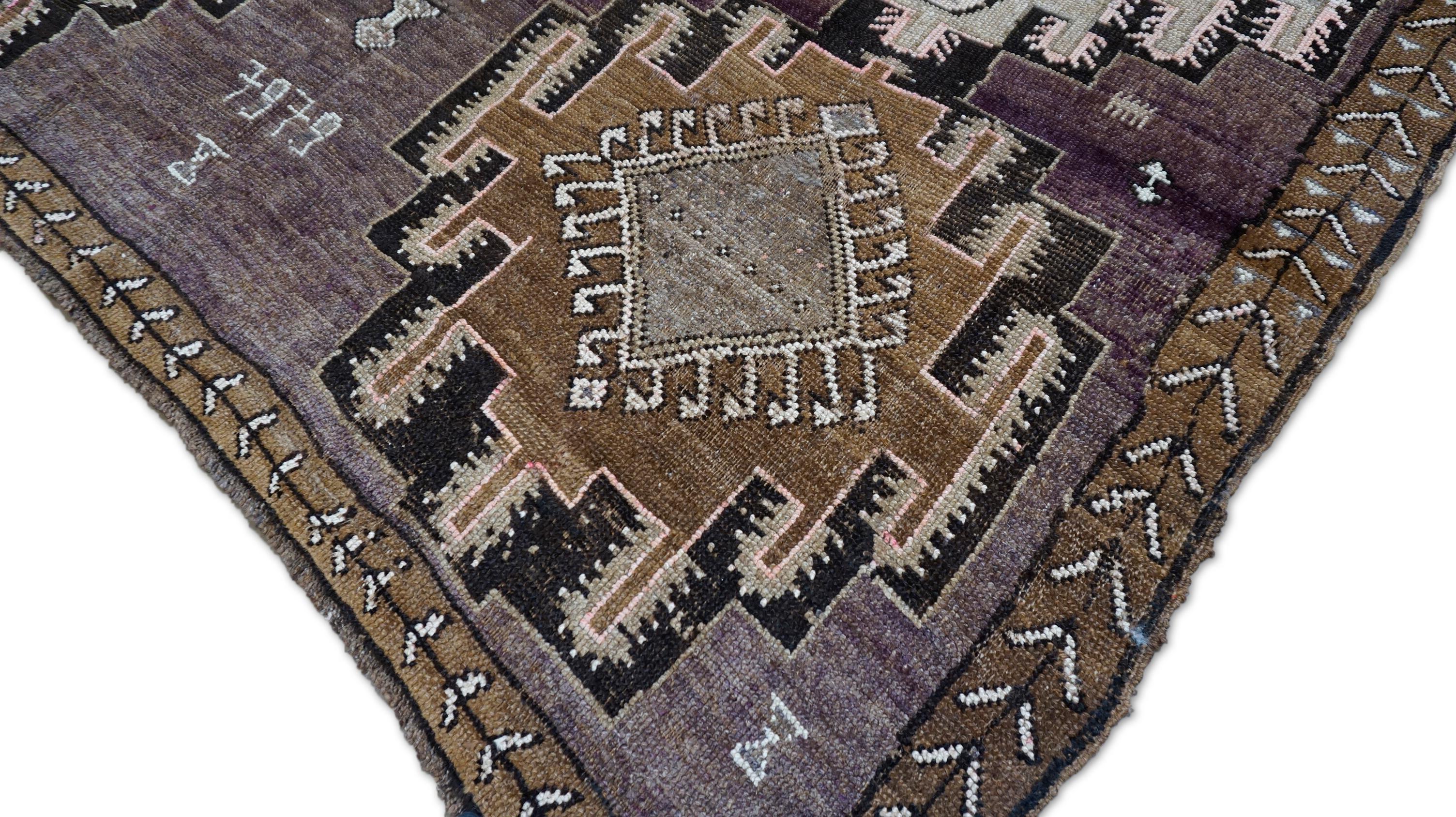Vintage Brown Tribal Wool Rug 7'3''x12'6'' Circa 1960 In Good Condition For Sale In Torrance, CA