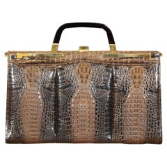 Bolso de mano de baquelita de piel de caimán marrón Vintage Triple Hornback 12"