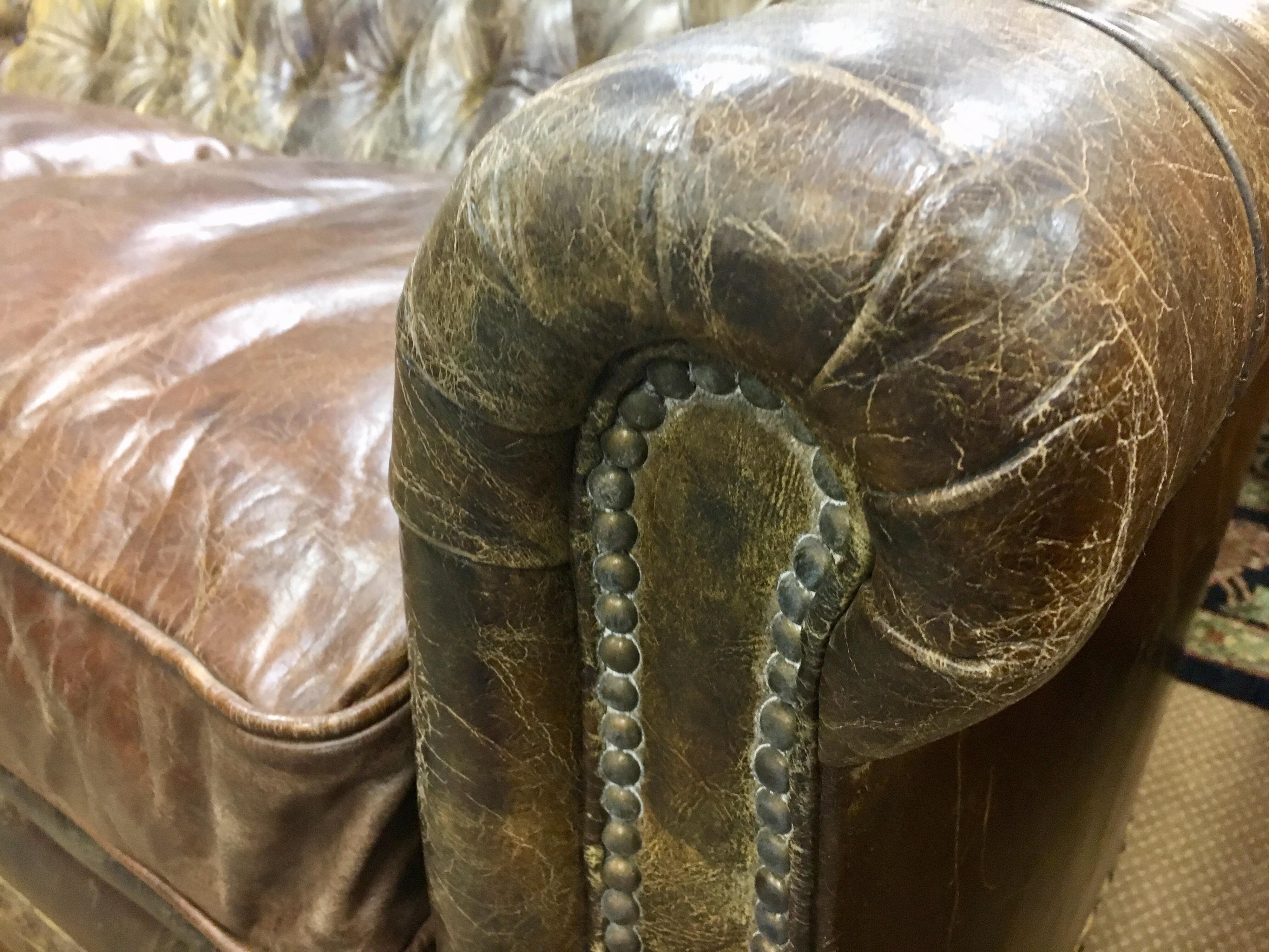 Vintage Brown Tufted Leather Distressed Custom Nailhead Sofa on Casters 3