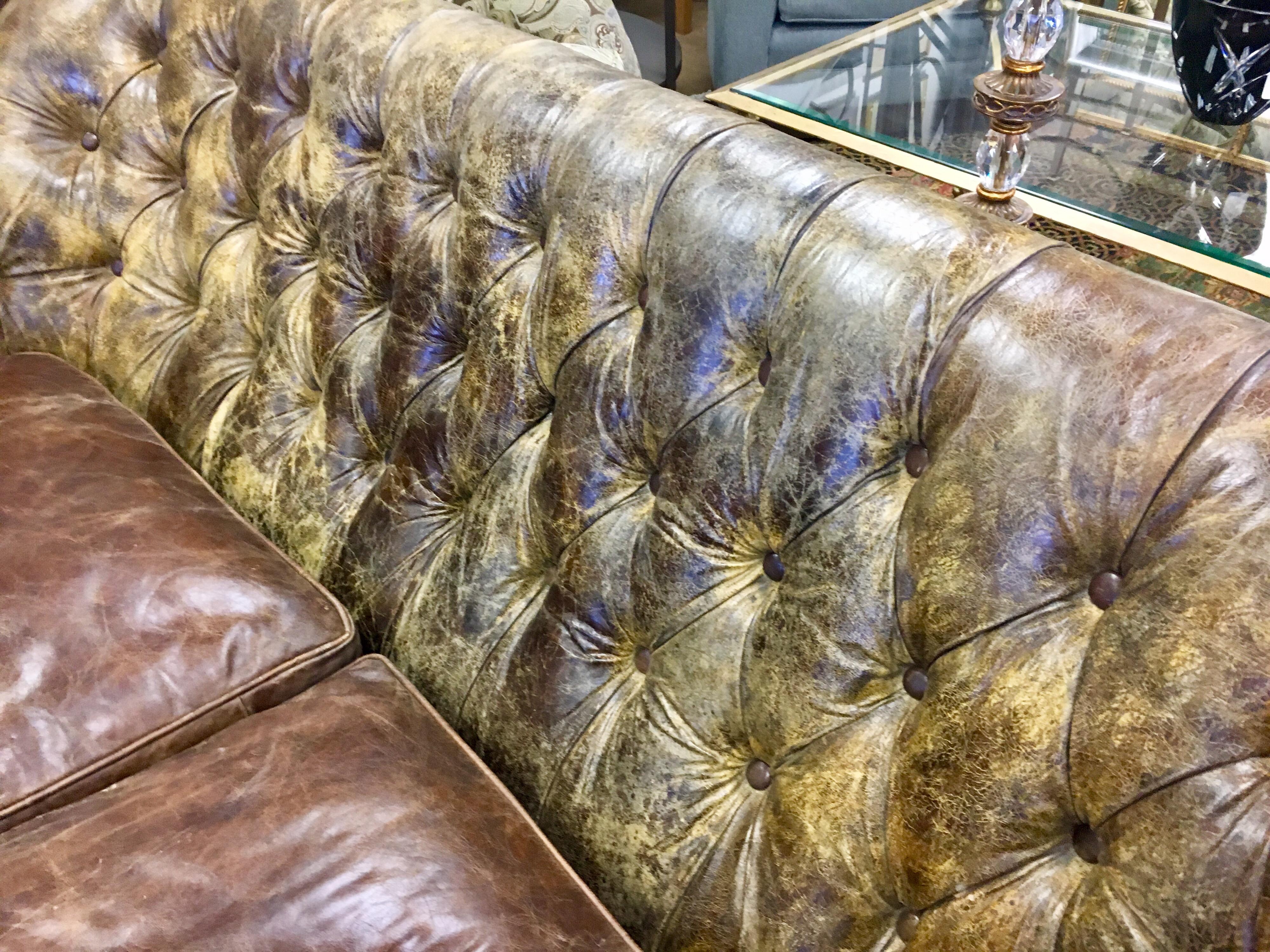 Vintage Brown Tufted Leather Distressed Custom Nailhead Sofa on Casters 4