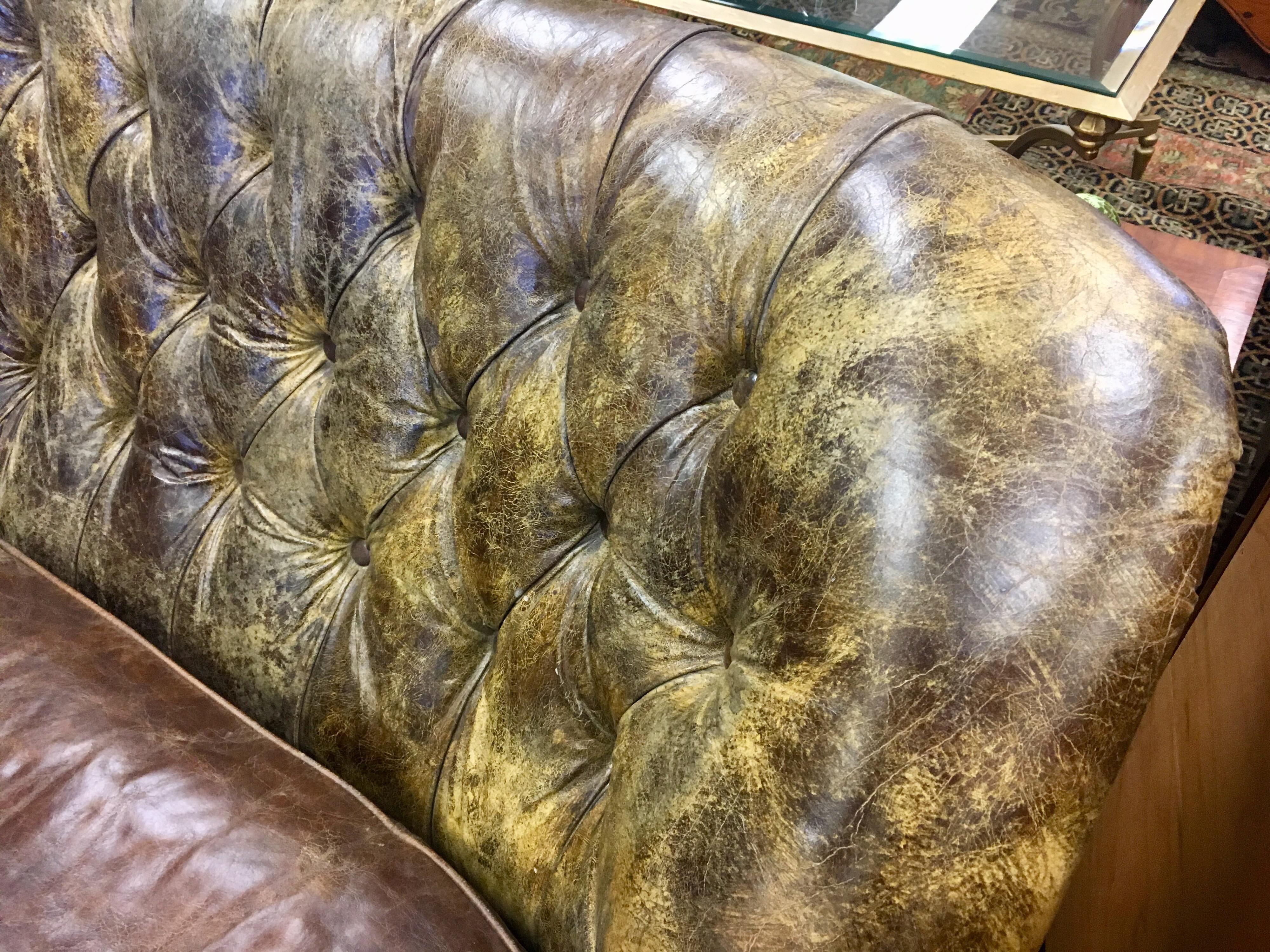 Vintage Brown Tufted Leather Distressed Custom Nailhead Sofa on Casters 5