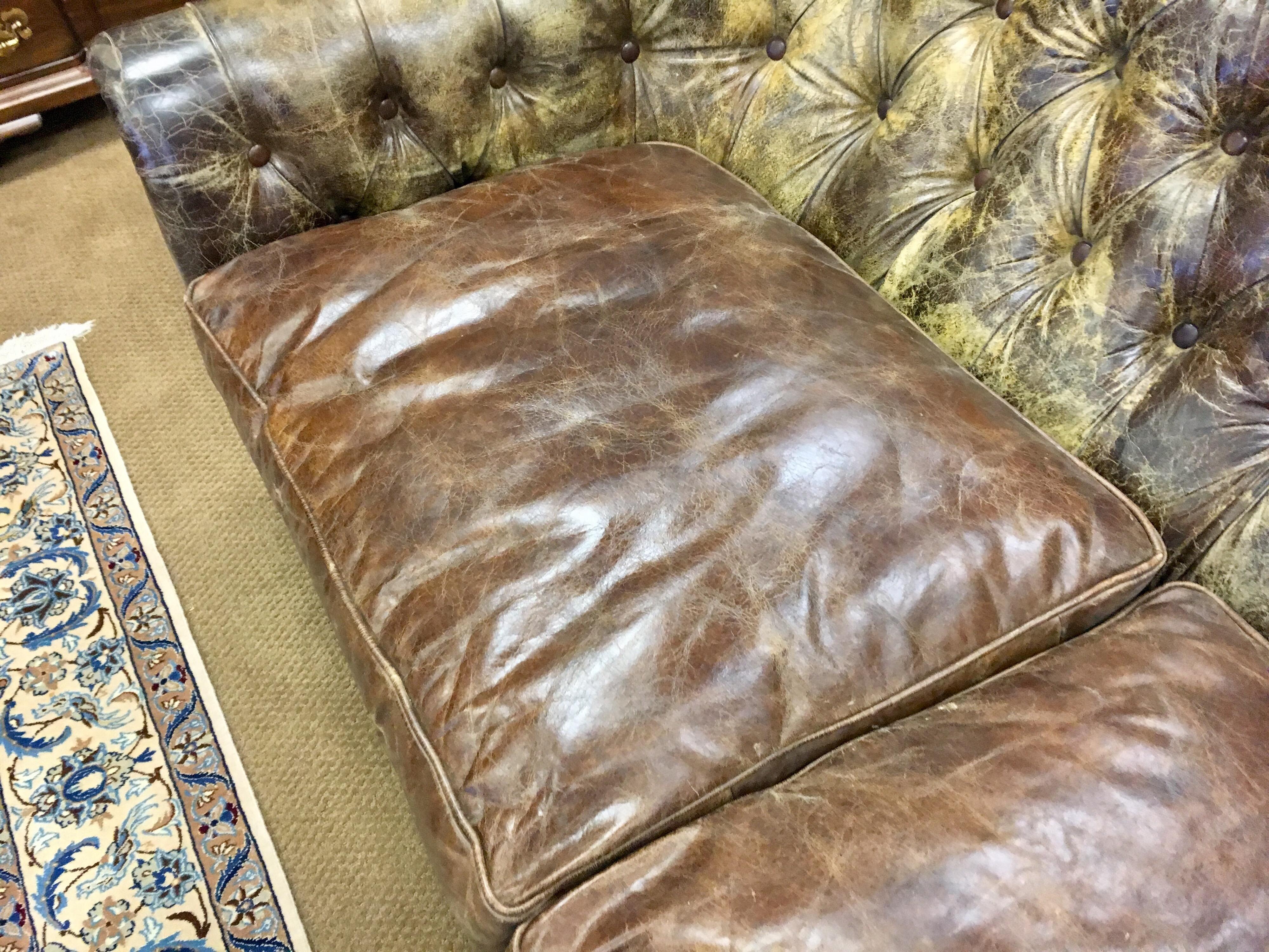 Vintage Brown Tufted Leather Distressed Custom Nailhead Sofa on Casters 6