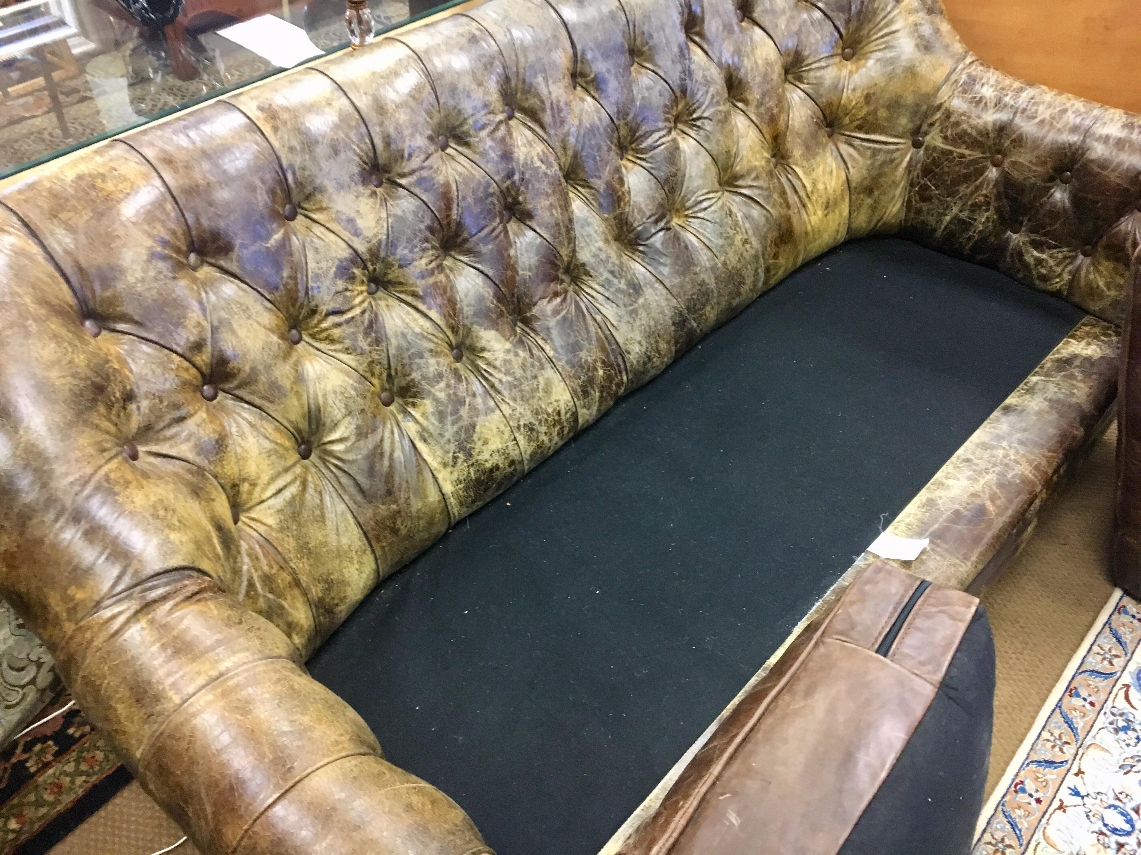 Vintage Brown Tufted Leather Distressed Custom Nailhead Sofa on Casters 7