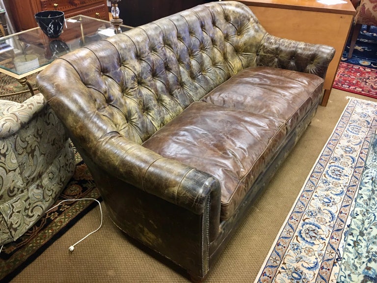 Vintage Brown Tufted Leather Distressed Custom Nailhead Sofa On Casters At 1stdibs