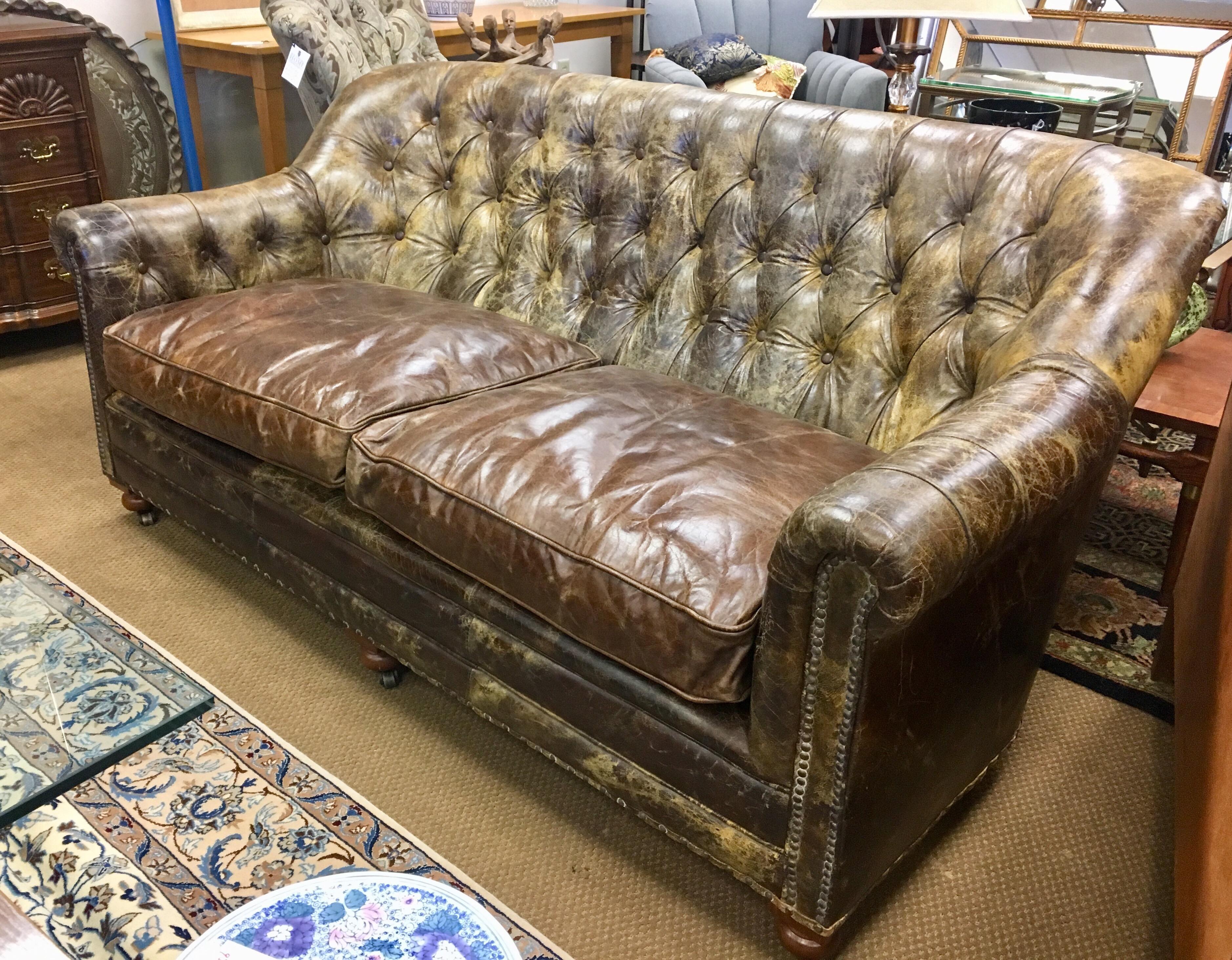 rustic leather sofa with nailheads