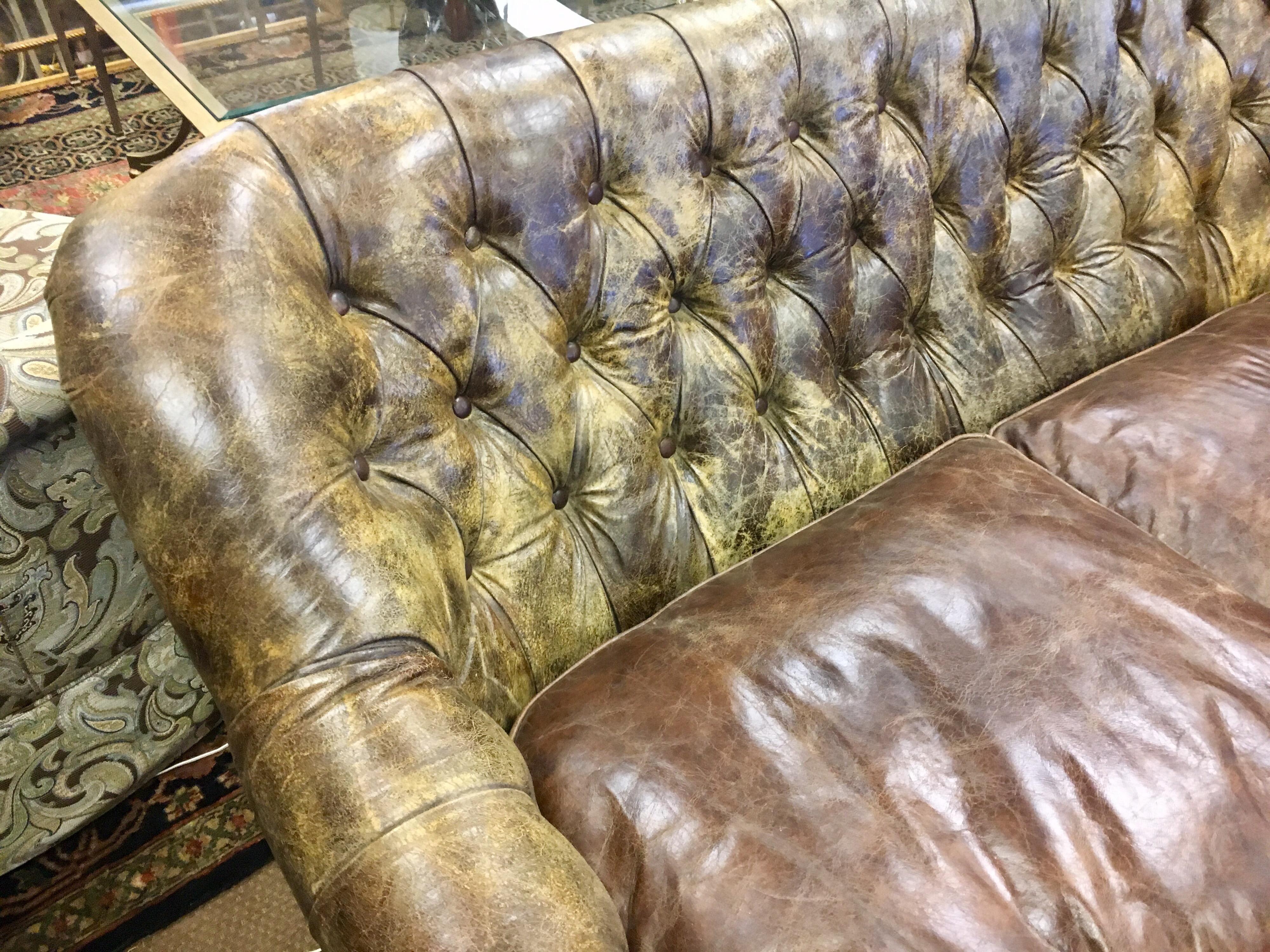 Vintage Brown Tufted Leather Distressed Custom Nailhead Sofa on Casters In Good Condition In West Hartford, CT