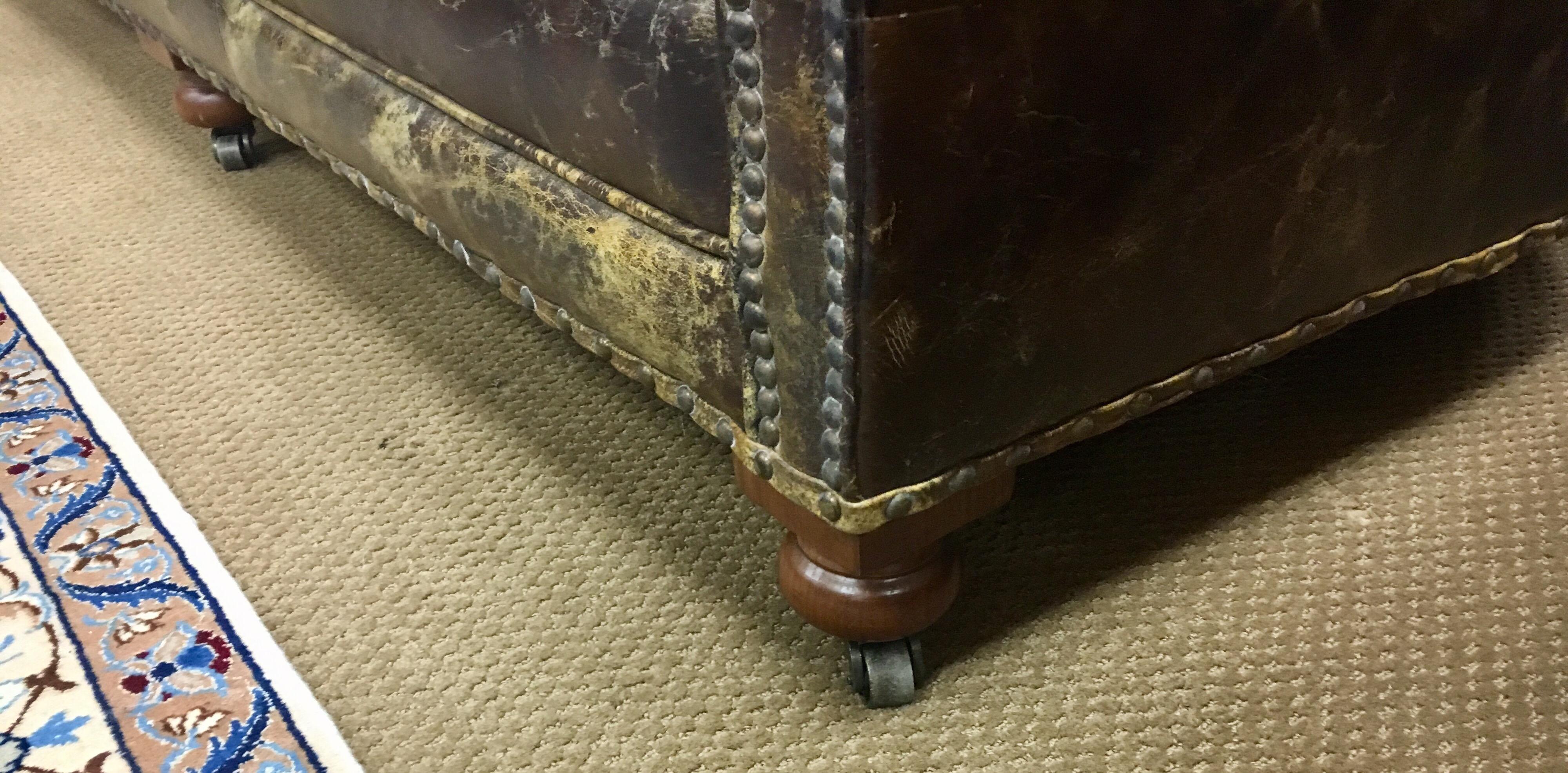 Vintage Brown Tufted Leather Distressed Custom Nailhead Sofa on Casters 1