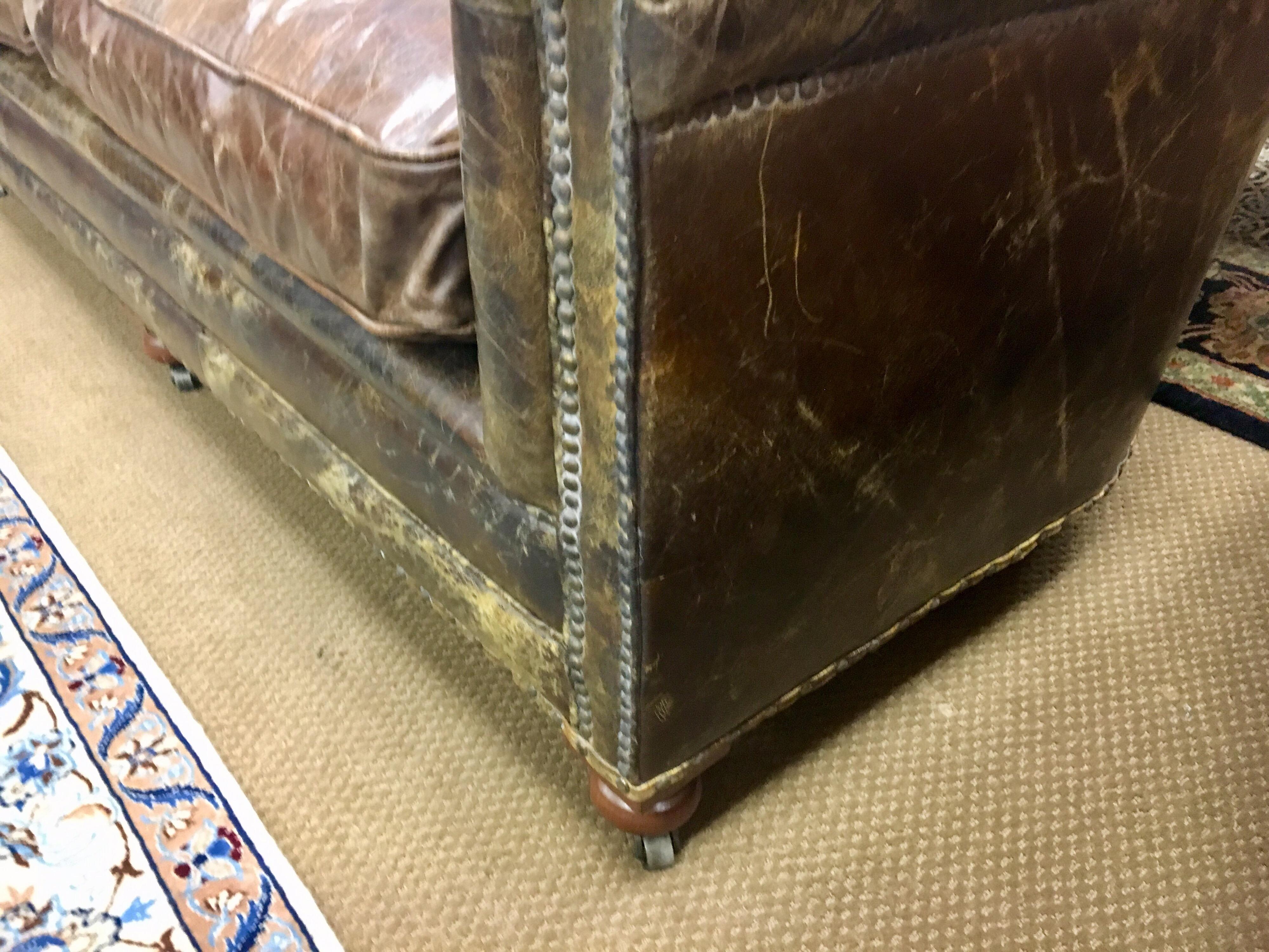 Vintage Brown Tufted Leather Distressed Custom Nailhead Sofa on Casters 2