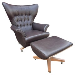 Vintage Brown Tufted Leather G-Plan Swivel Lounge Chair and Ottoman