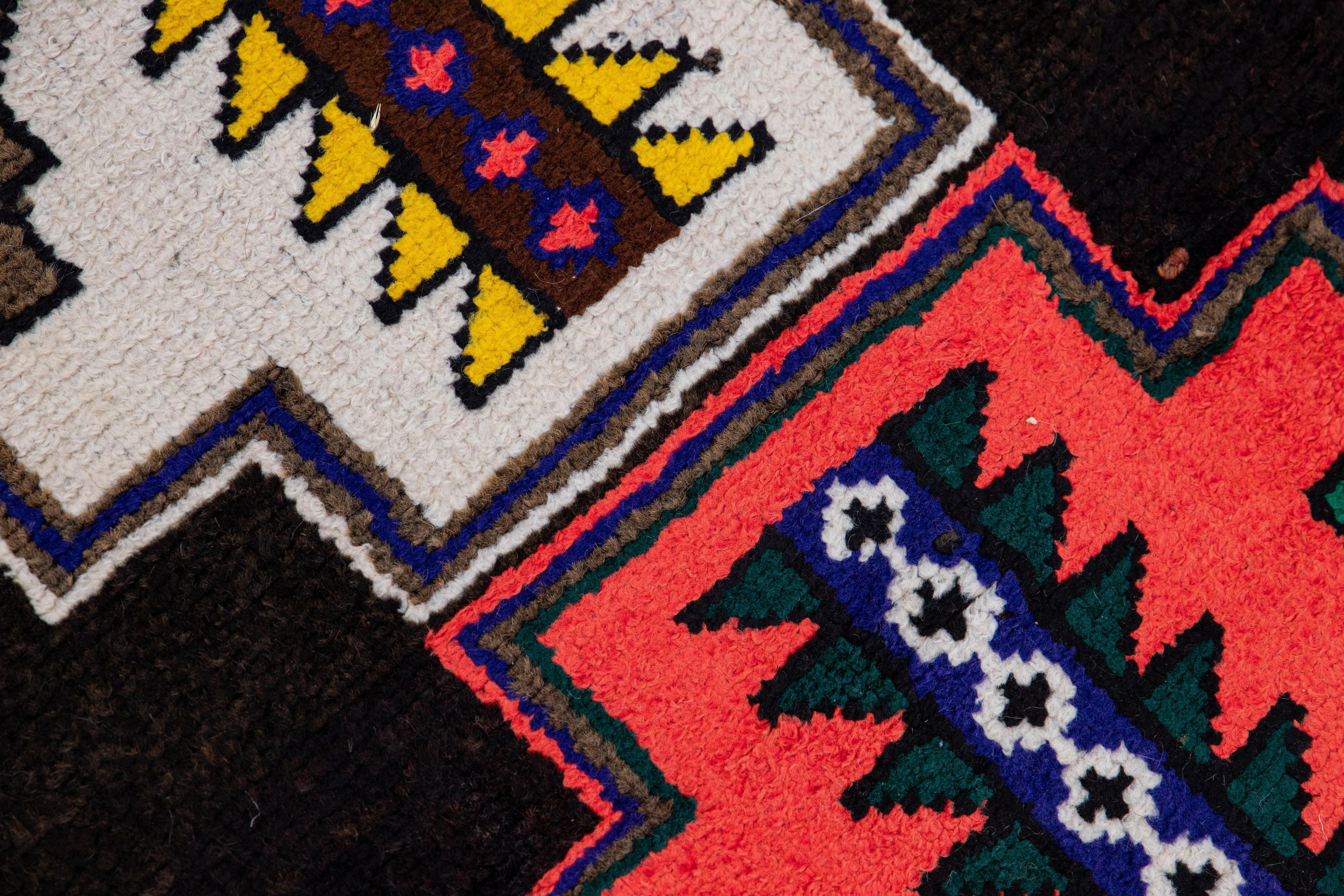 Vintage Brown Turkish Handmade Multicolor Tribal Pattern Wool Runner For Sale 4