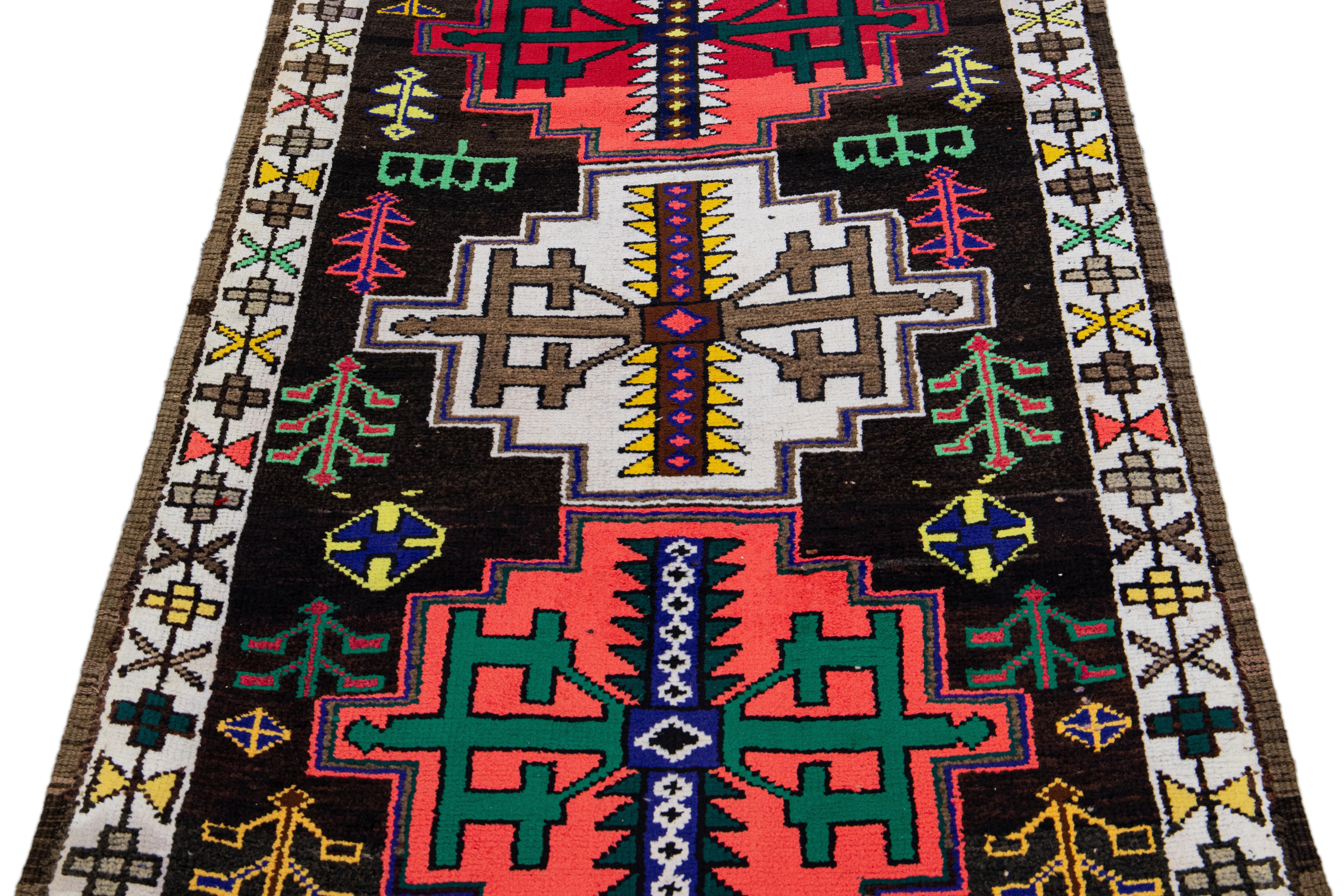 Mid-Century Modern Vintage Brown Turkish Handmade Multicolor Tribal Pattern Wool Runner For Sale