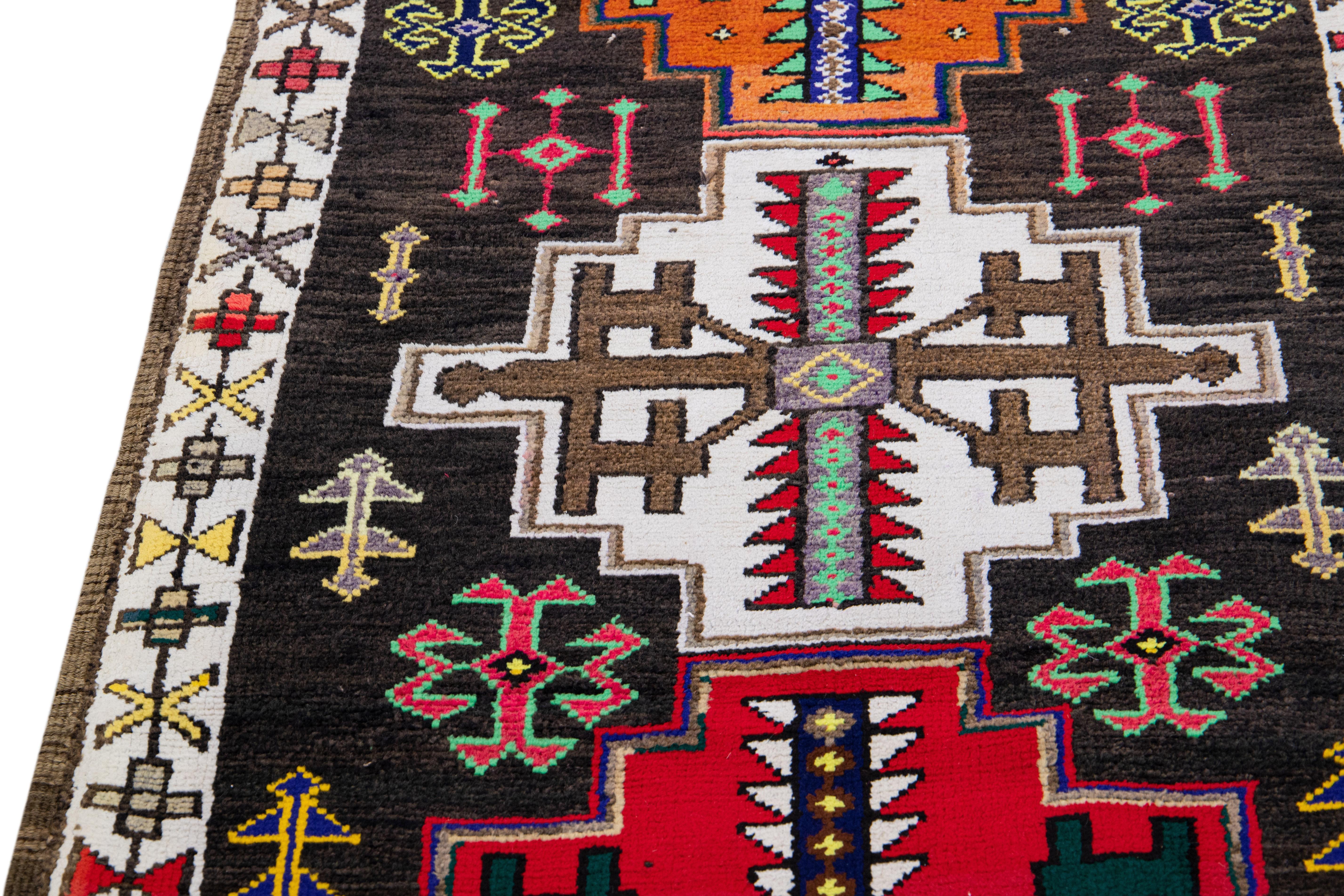 Hand-Knotted Vintage Brown Turkish Handmade Multicolor Tribal Pattern Wool Runner For Sale