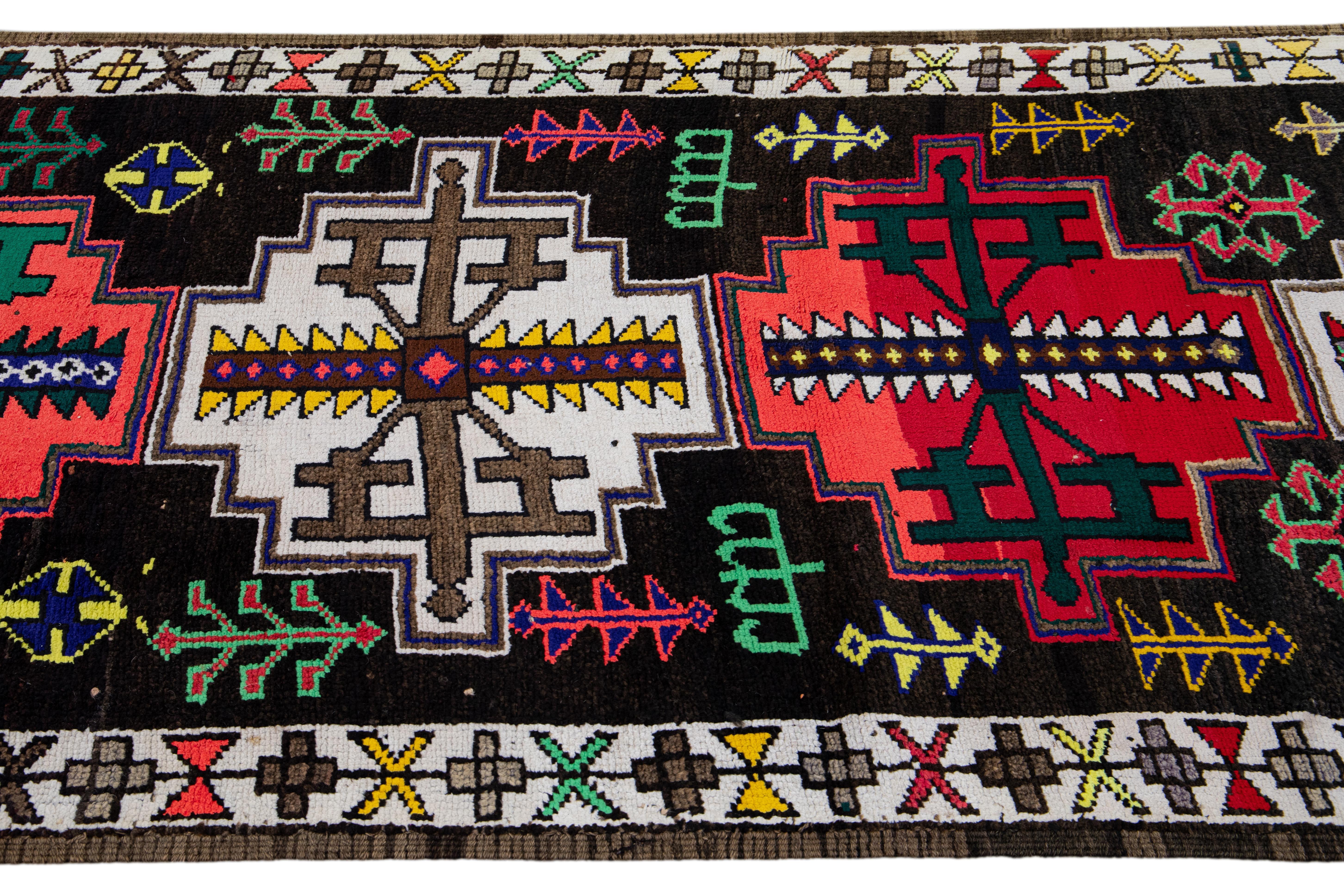 Vintage Brown Turkish Handmade Multicolor Tribal Pattern Wool Runner In Excellent Condition For Sale In Norwalk, CT