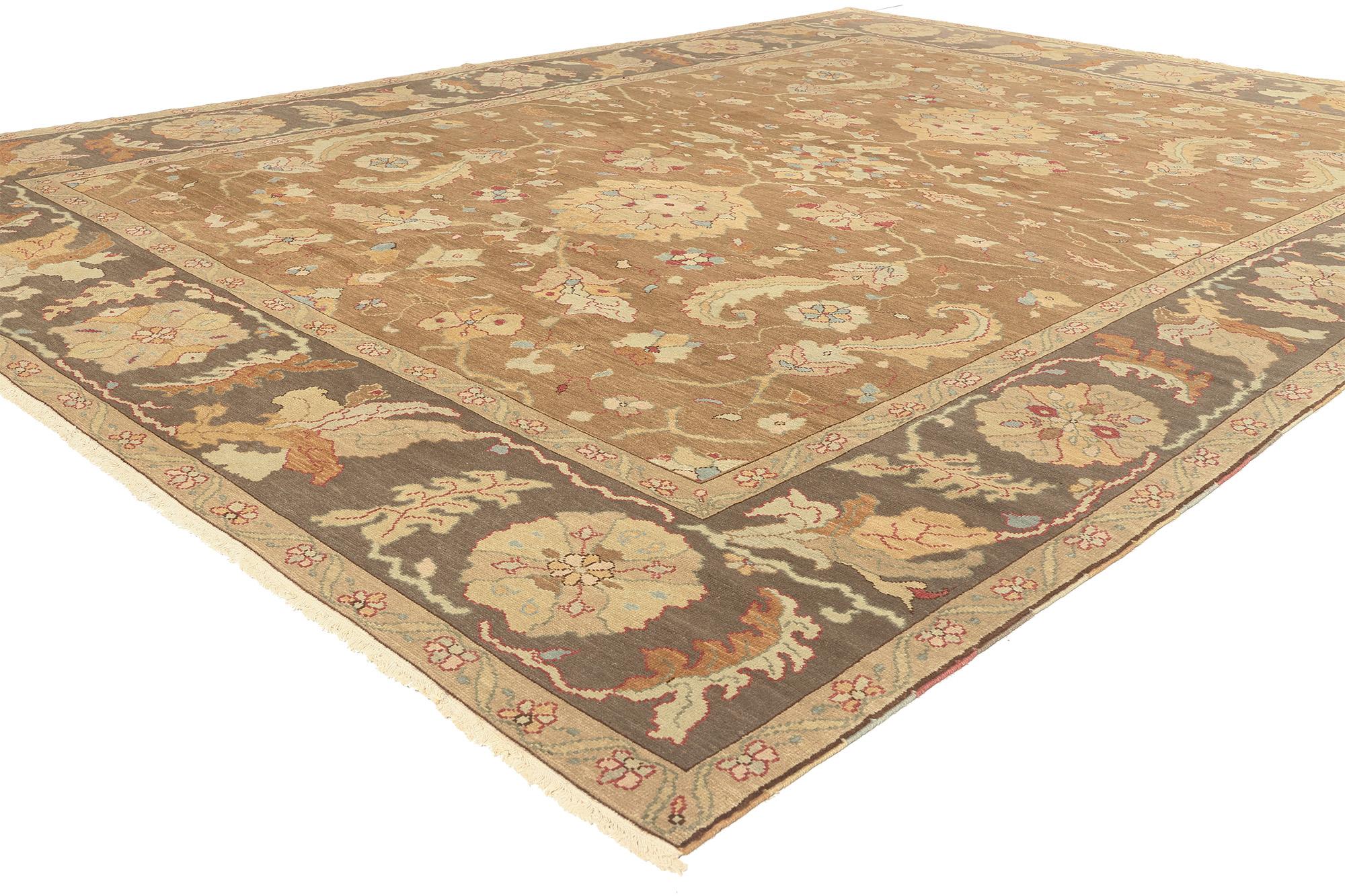 74372 Vintage Brown Turkish Oushak Rug, 08’09 x 11’09. In this hand-knotted wool vintage Turkish Oushak rug, the marriage of Biophilic Design and earth-tone elegance creates a captivating work of art. The botanical motifs and warm earthy hues