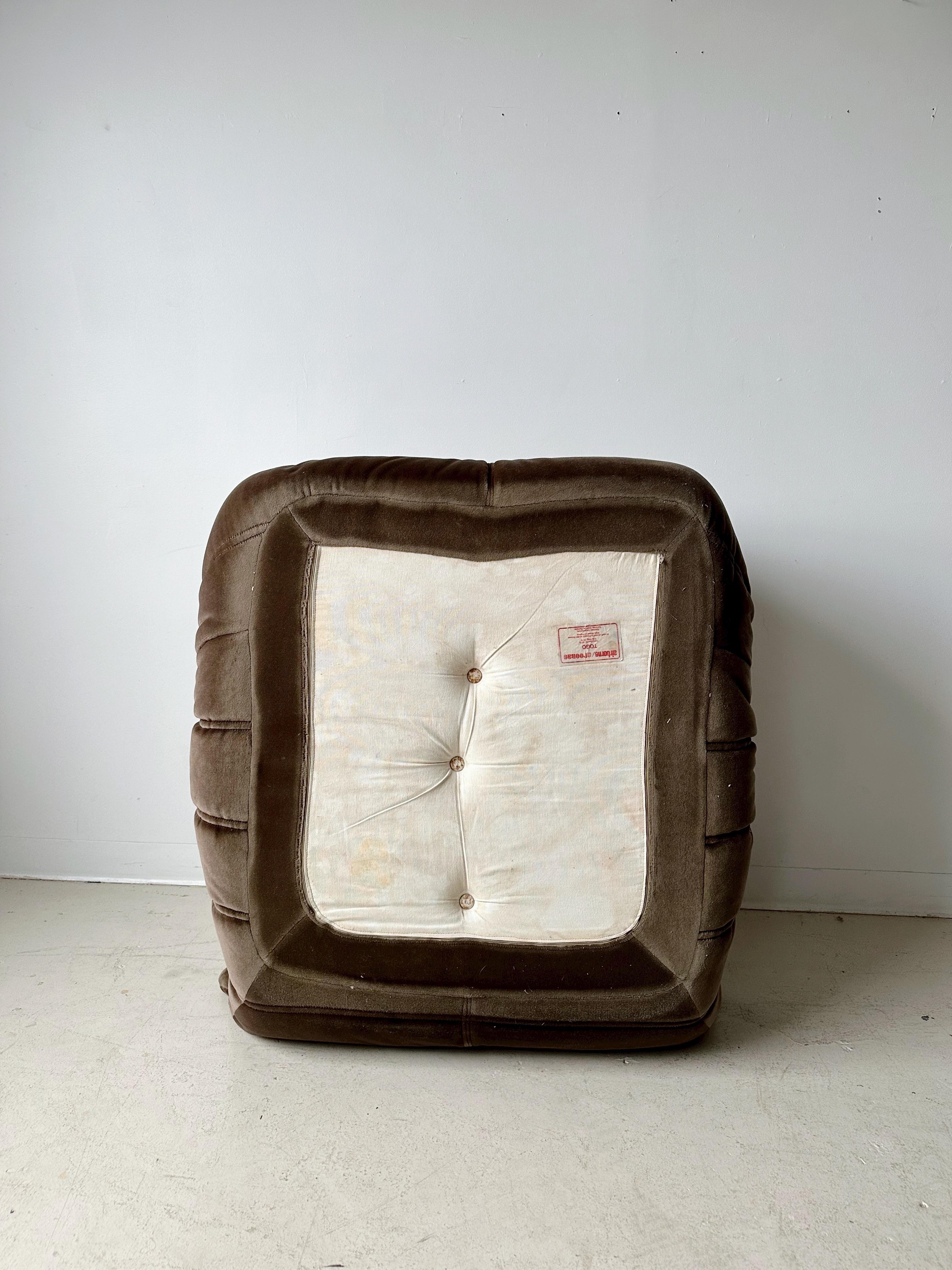 Vintage Brown Velvet Togo Lounge Chair by Michel Ducaroy for Ligne Roset 1