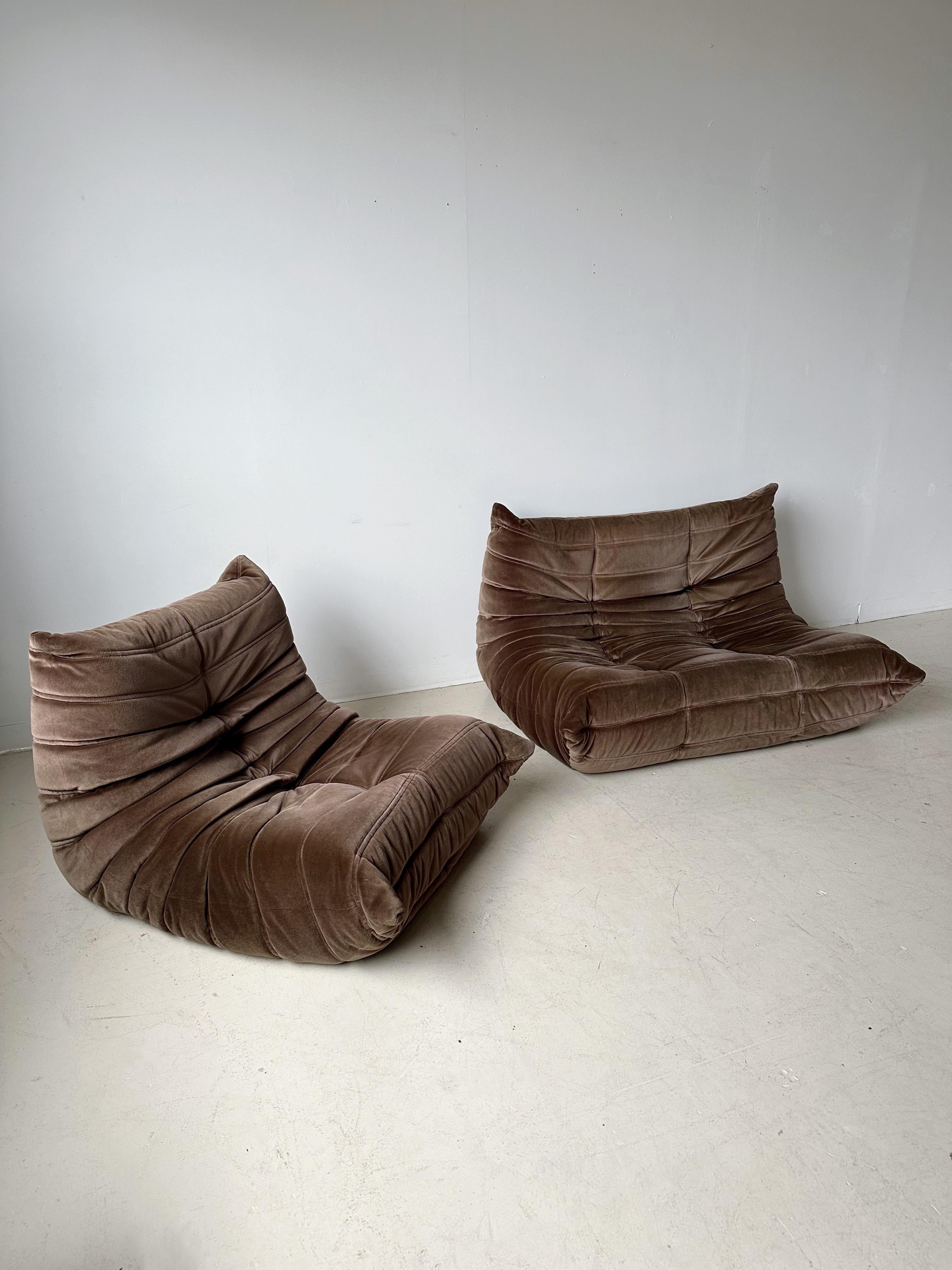 Vintage Brown Velvet Togo Love Seat by Michel Ducaroy for Ligne Roset 1