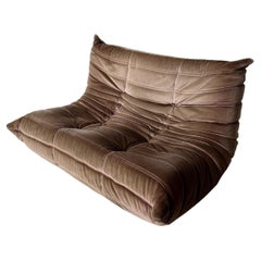 Vintage Brown Velvet Togo Love Seat by Michel Ducaroy for Ligne Roset