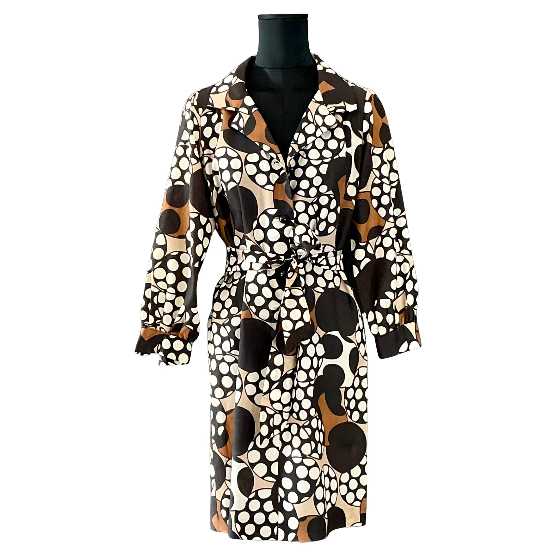Vintage Brown & White Patterned Dress For Sale