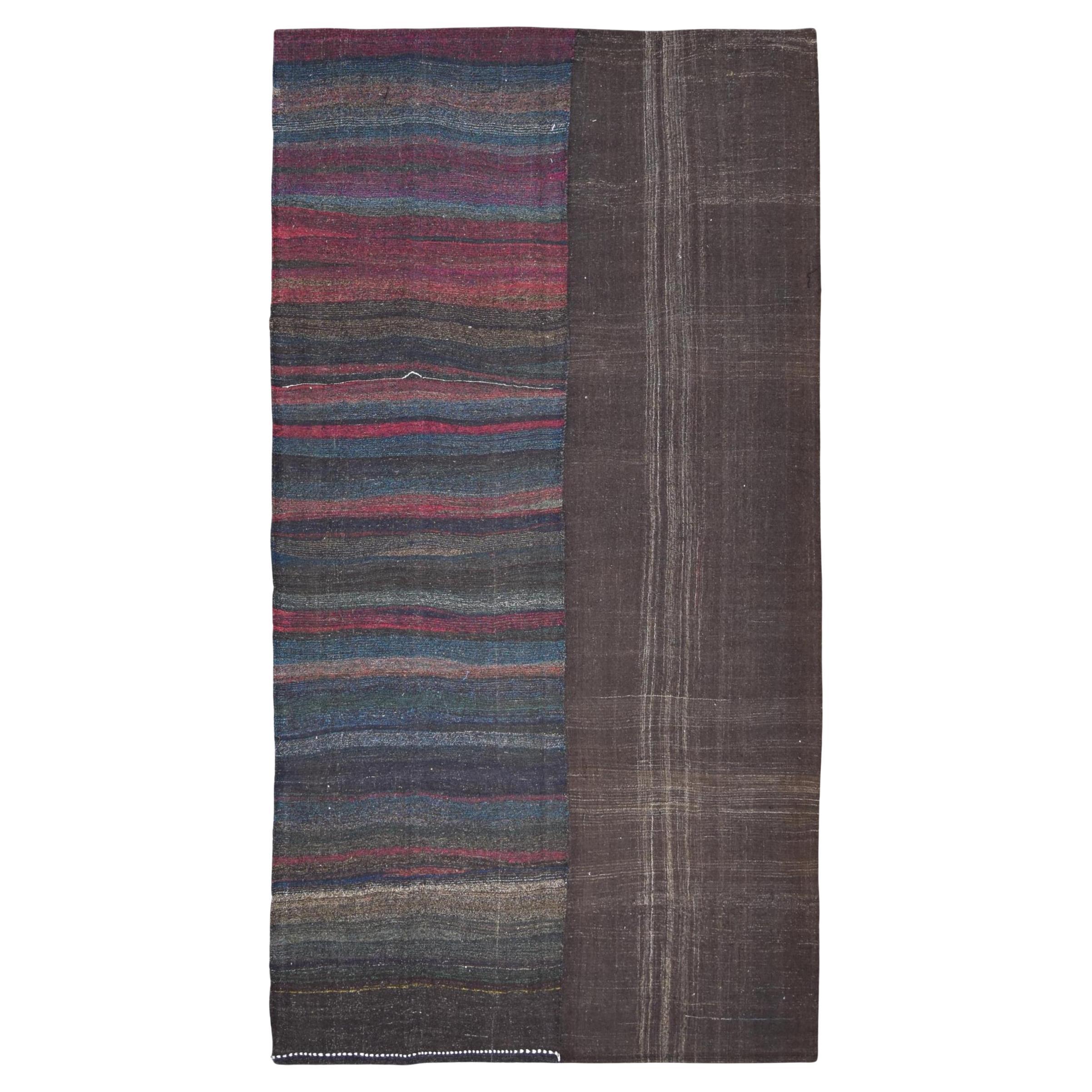 Vintage Brown with Multicolored Panel Wool Kilim 6'3''x11'7''