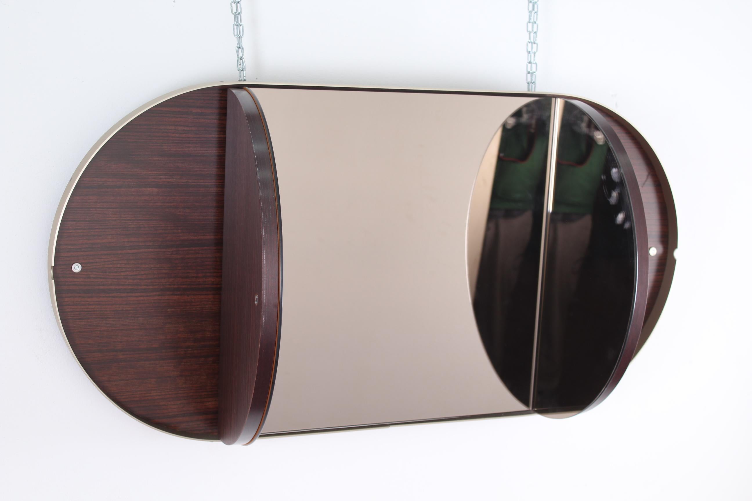 Italian Vintage Brown Wood Brass and Oval Mirror, Italy, 1960s