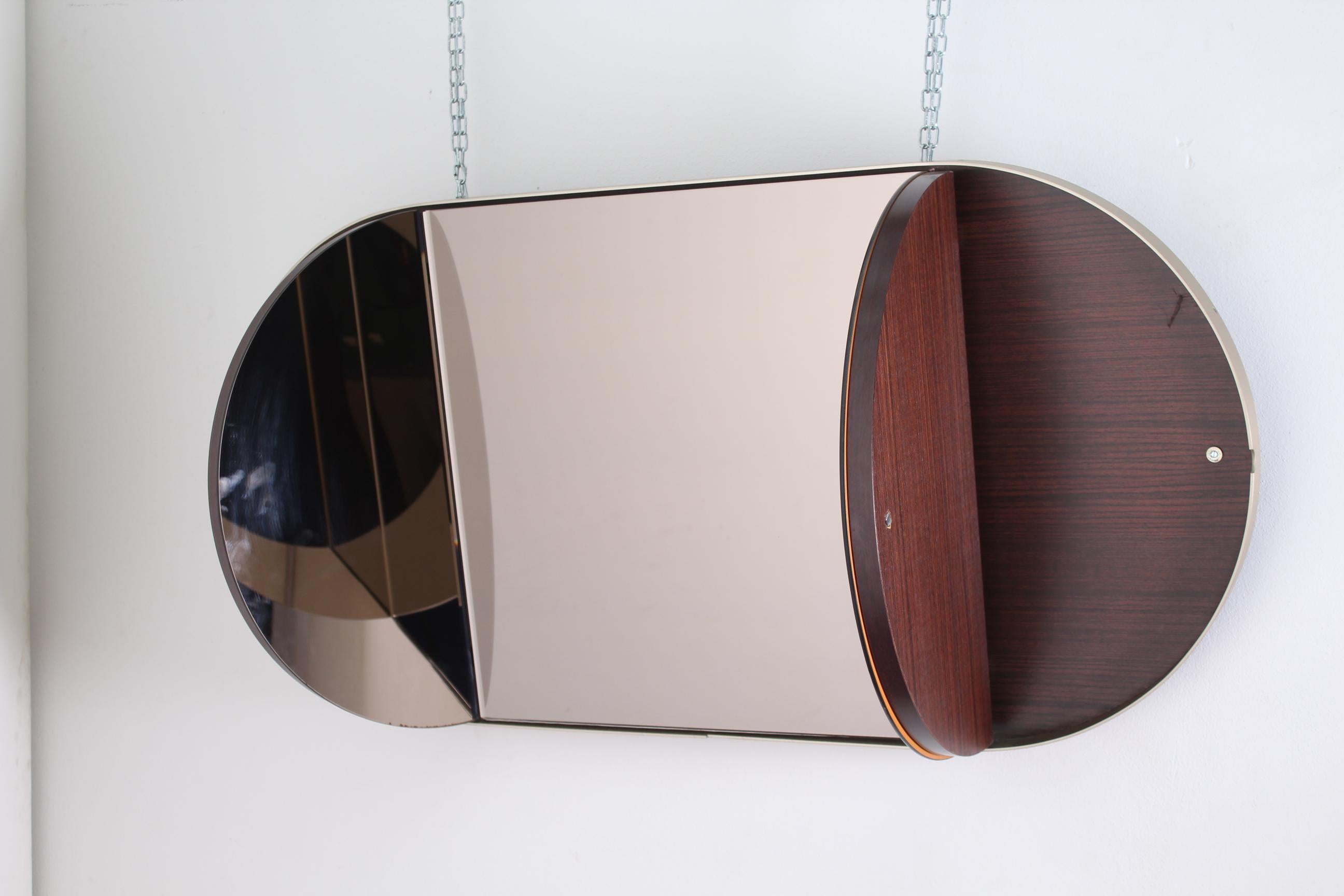 Mid-20th Century Vintage Brown Wood Brass and Oval Mirror, Italy, 1960s
