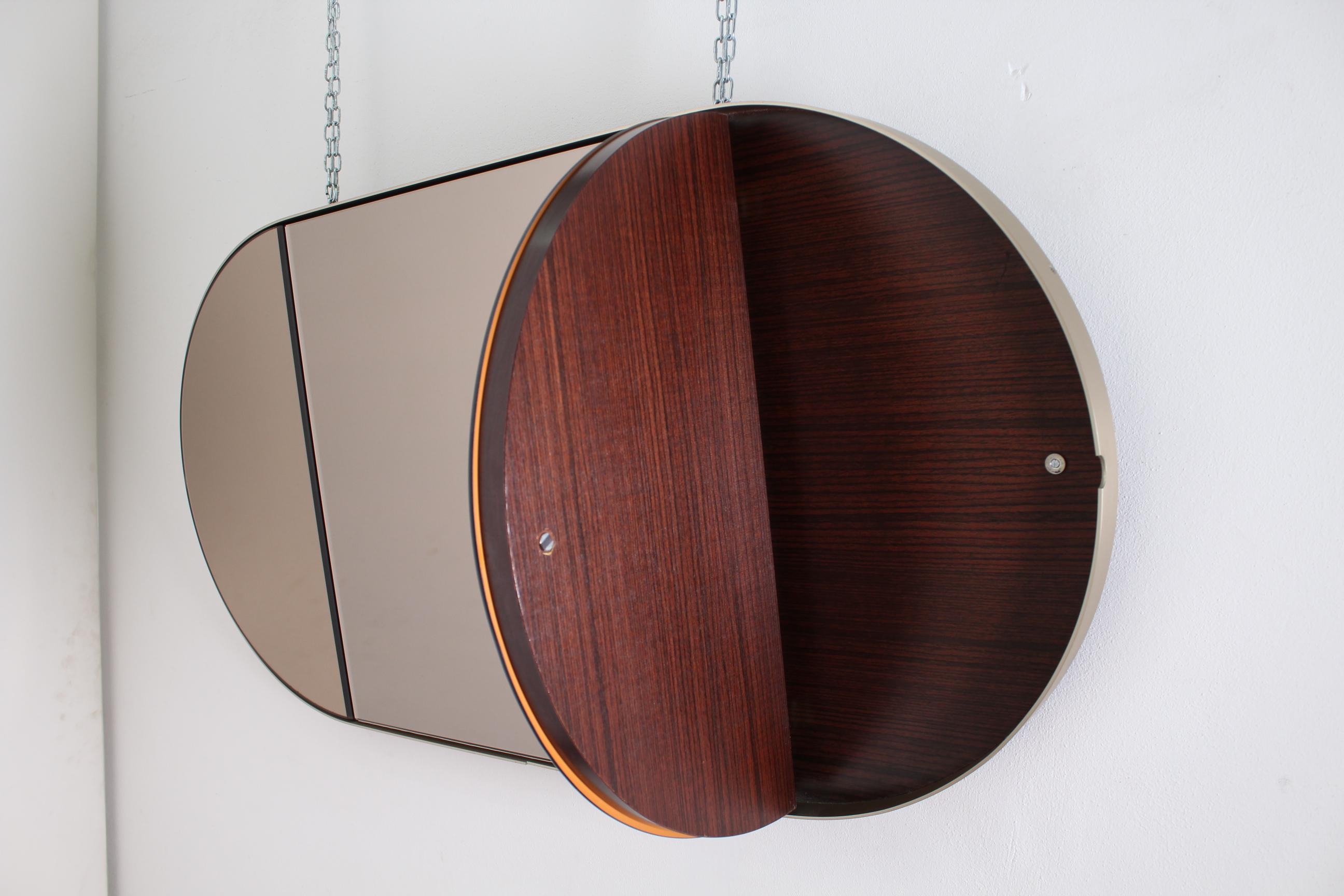 Vintage Brown Wood Brass and Oval Mirror, Italy, 1960s 1