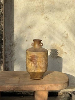 Vintage Brown Wooden Grain Etched Salt Glazed Stoneware Jug with Handles Signed