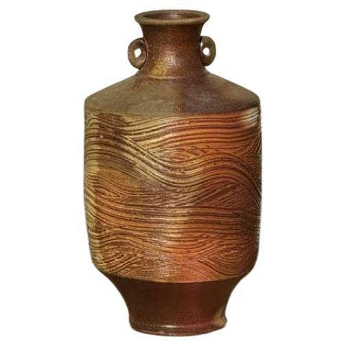 Vintage Brown Wooden Grain Etched Salt Glazed Stoneware Jug with Handles Signed