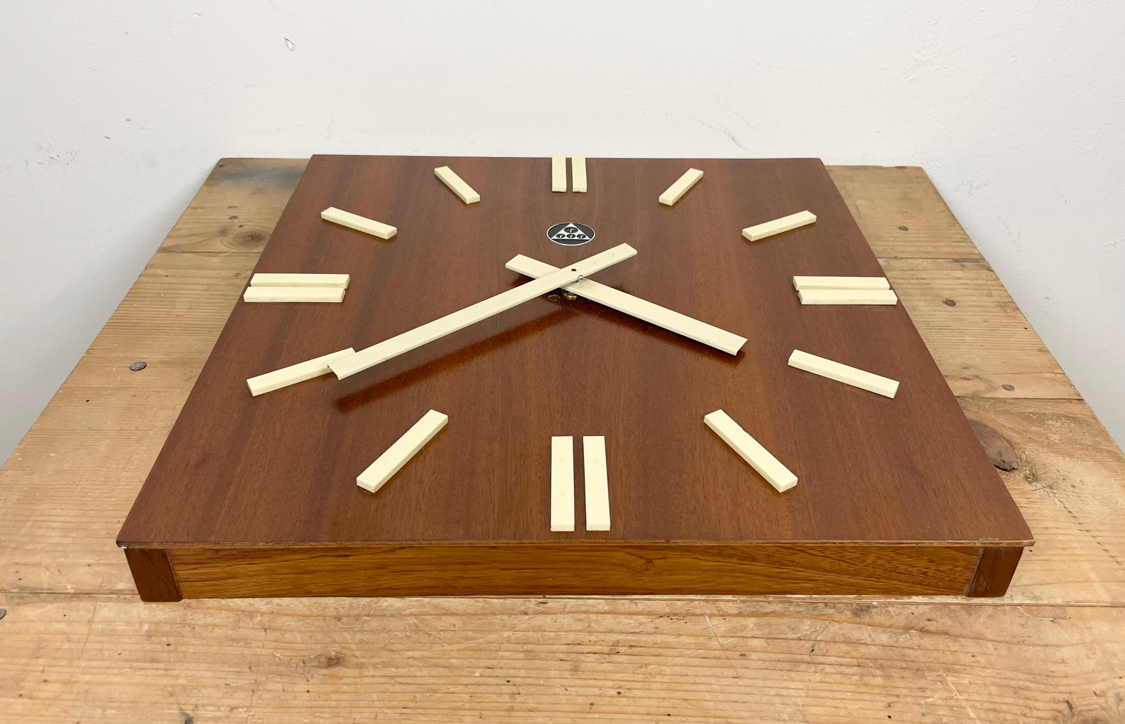 Vintage Brown Wooden Wall Clock from Pragotron, 1980s For Sale 3