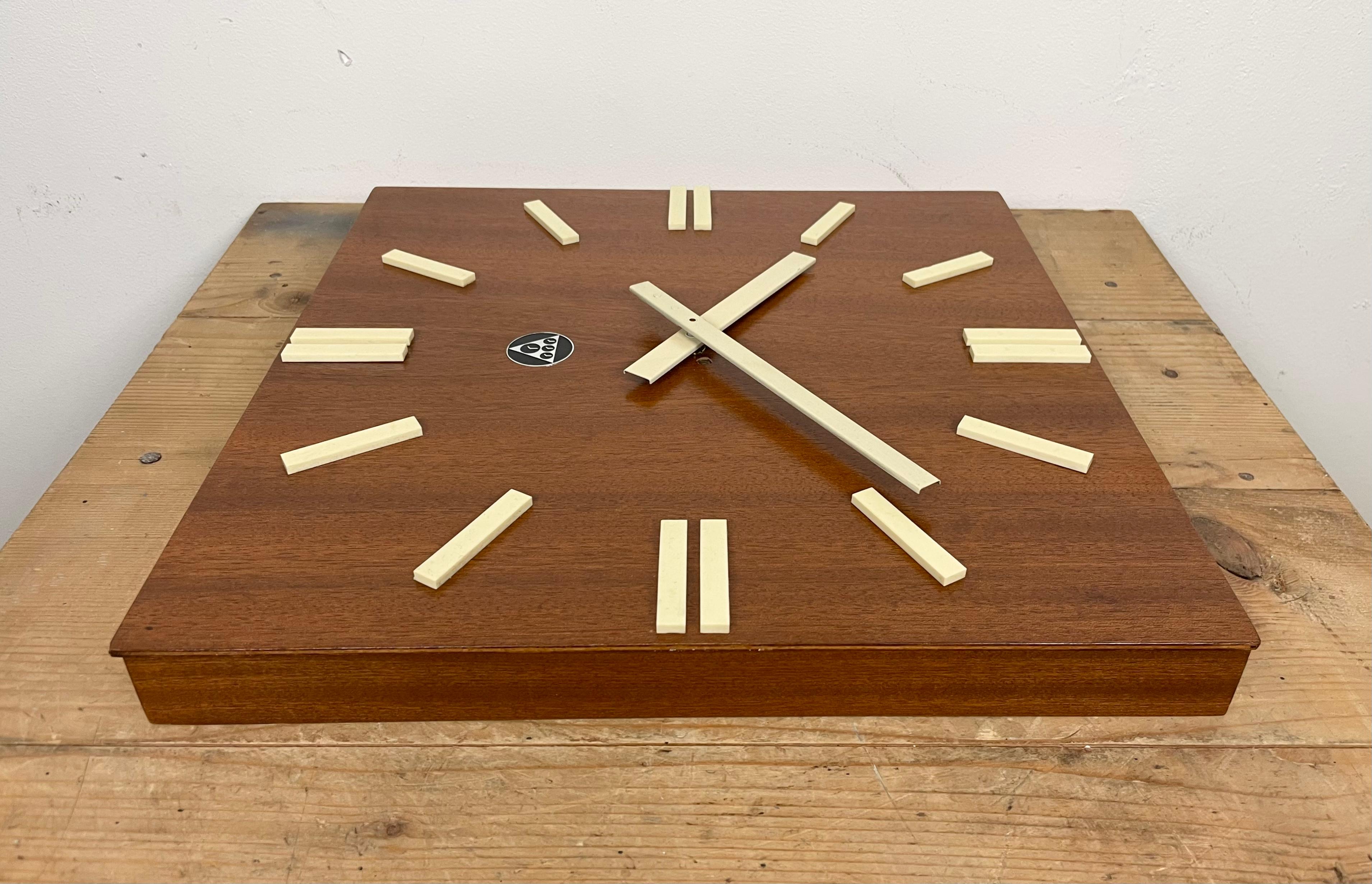 Vintage Brown Wooden Wall Clock from Pragotron, 1980s For Sale 4