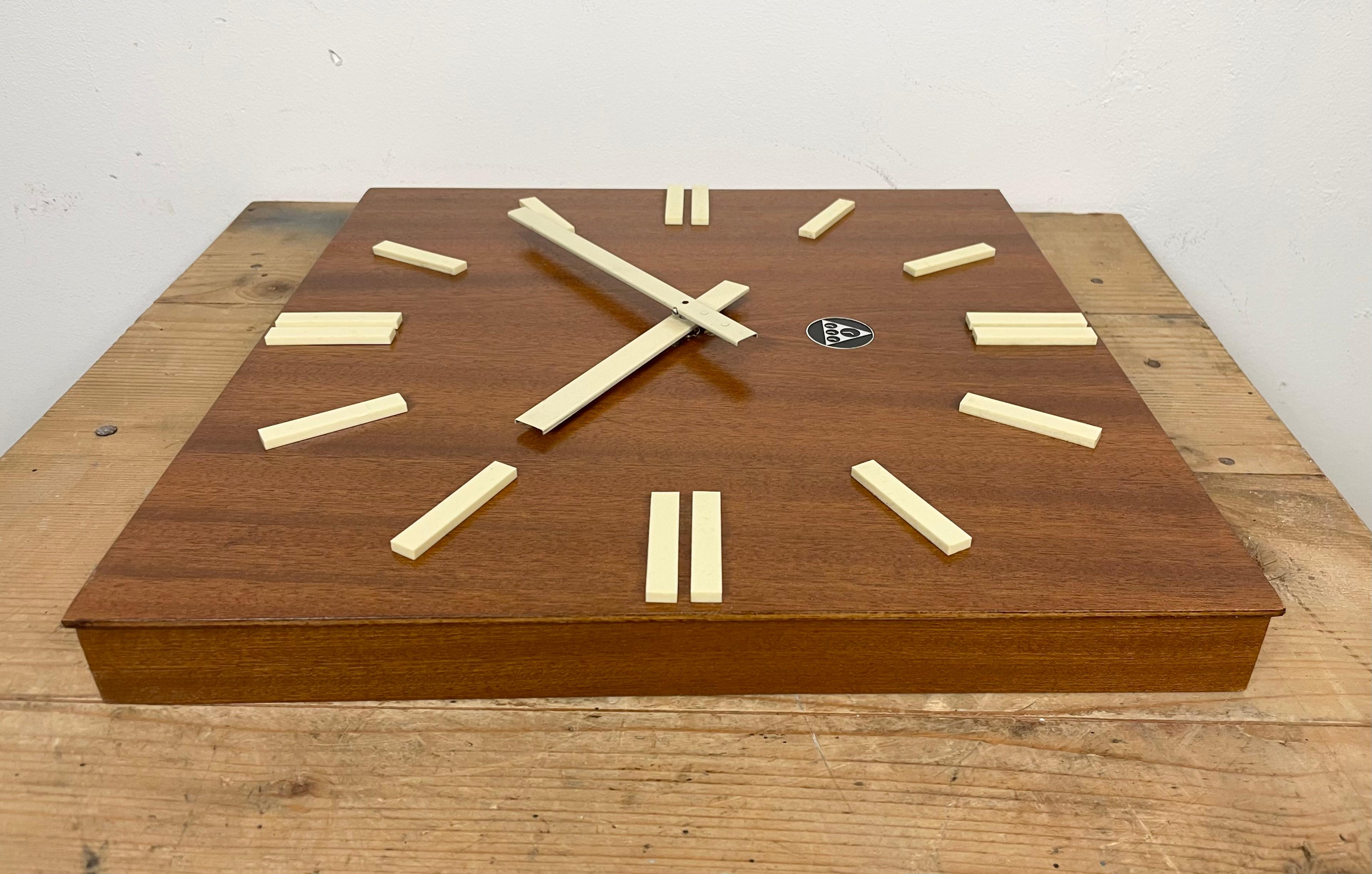 Vintage Brown Wooden Wall Clock from Pragotron, 1980s For Sale 6