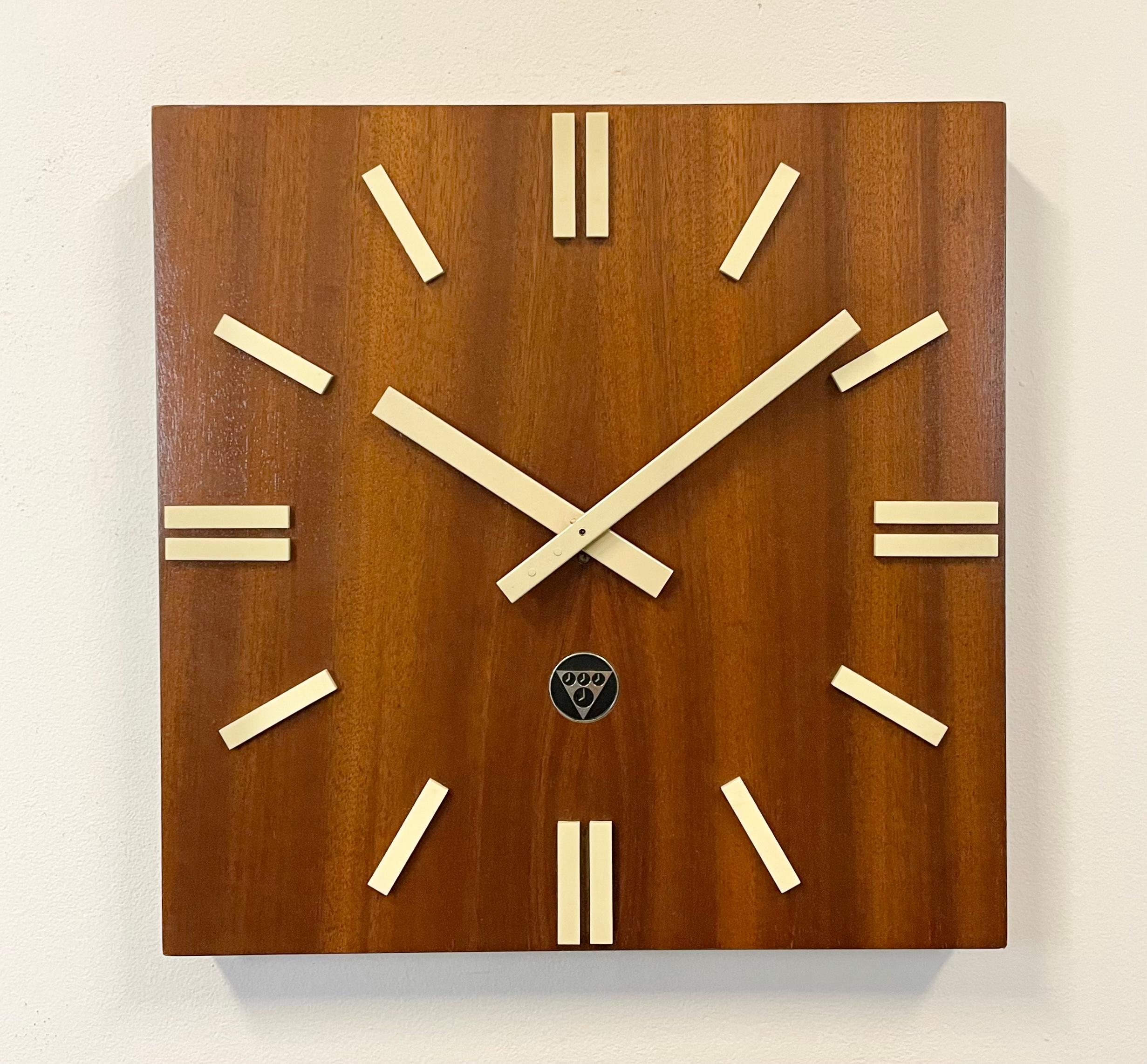Industrial Vintage Brown Wooden Wall Clock from Pragotron, 1980s For Sale
