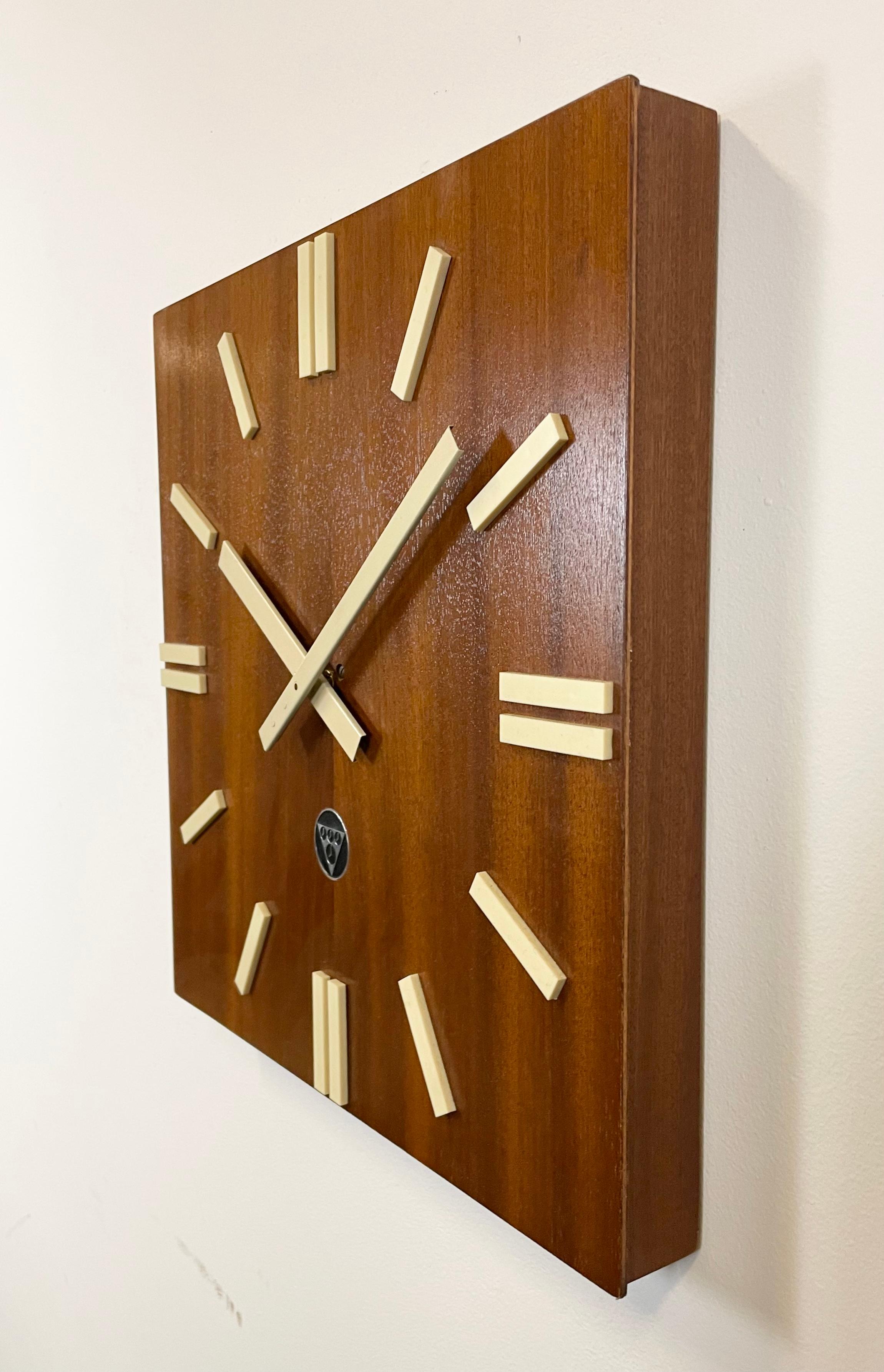 Czech Vintage Brown Wooden Wall Clock from Pragotron, 1980s For Sale