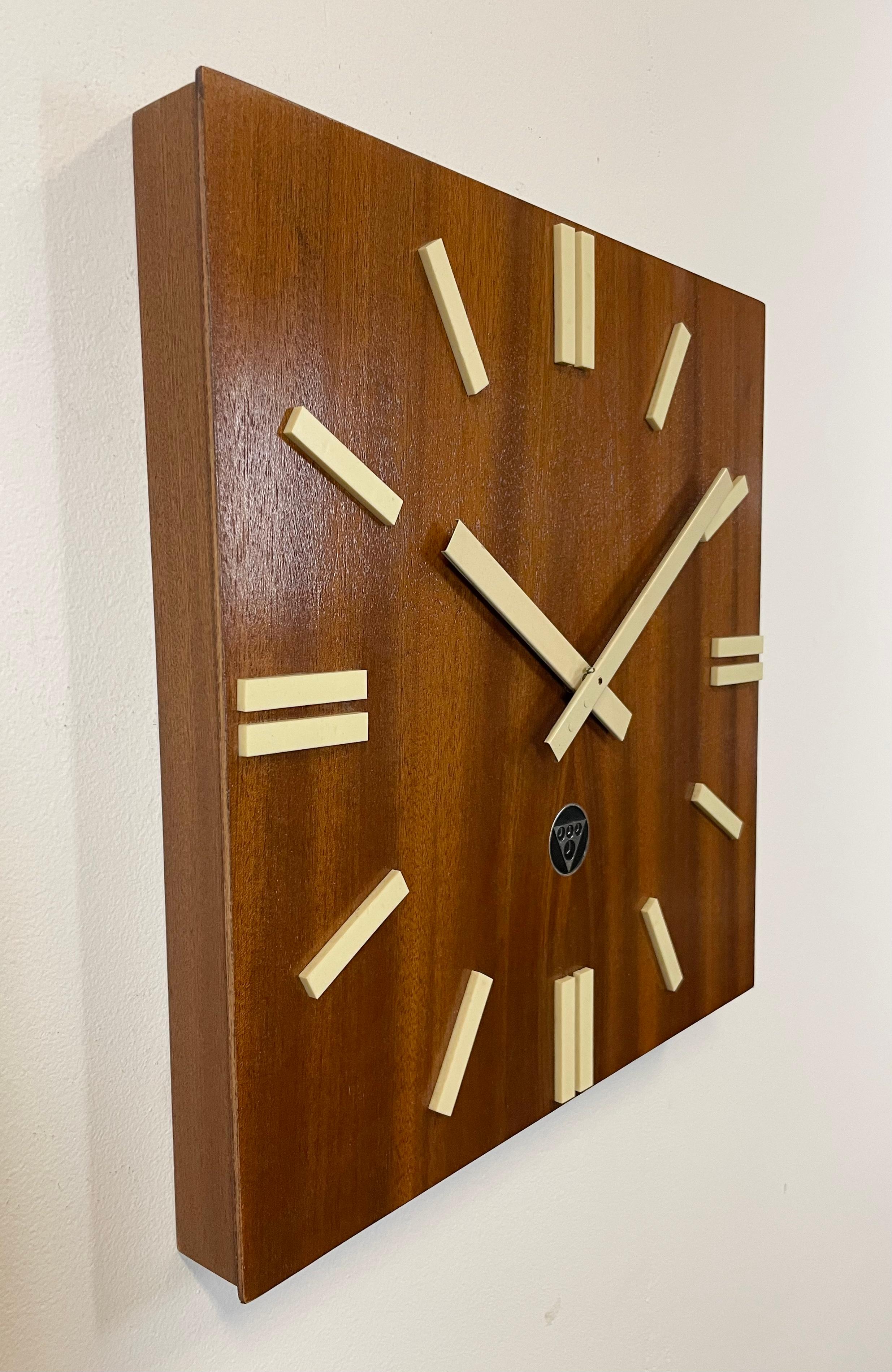 Veneer Vintage Brown Wooden Wall Clock from Pragotron, 1980s For Sale