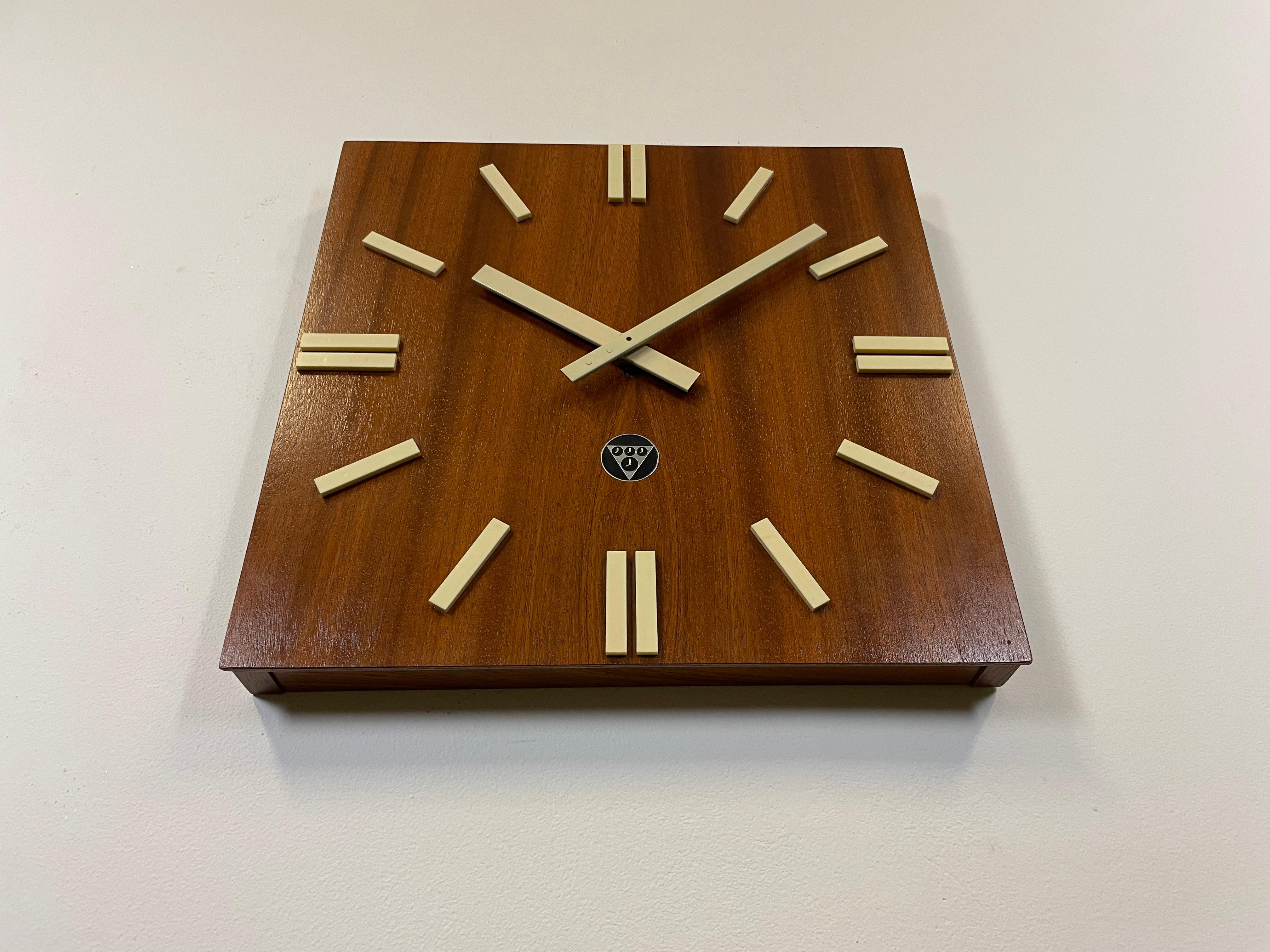 Late 20th Century Vintage Brown Wooden Wall Clock from Pragotron, 1980s For Sale