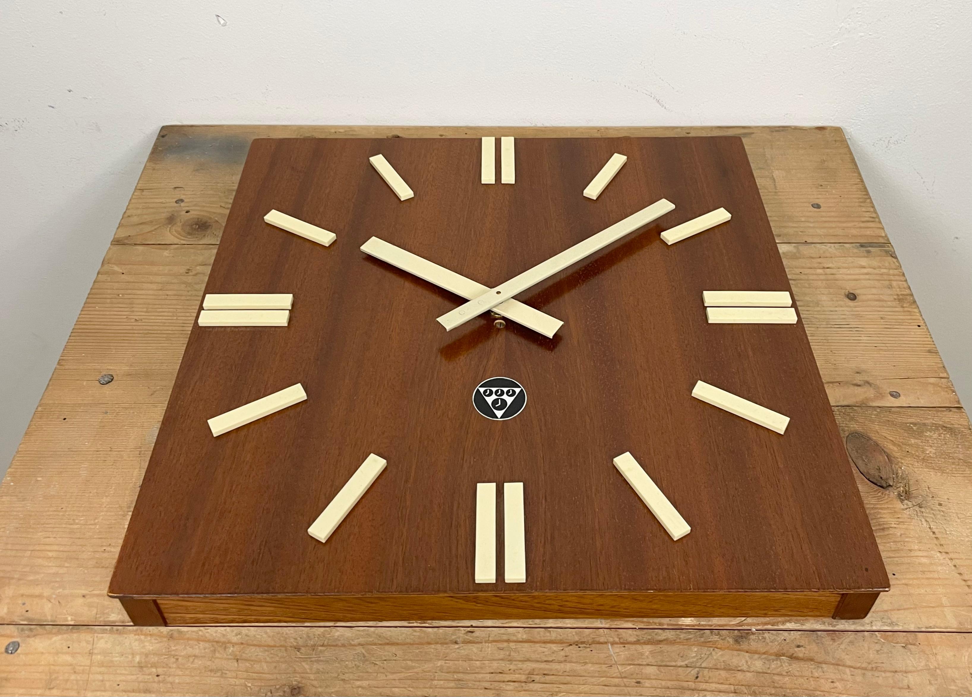 Vintage Brown Wooden Wall Clock from Pragotron, 1980s For Sale 1