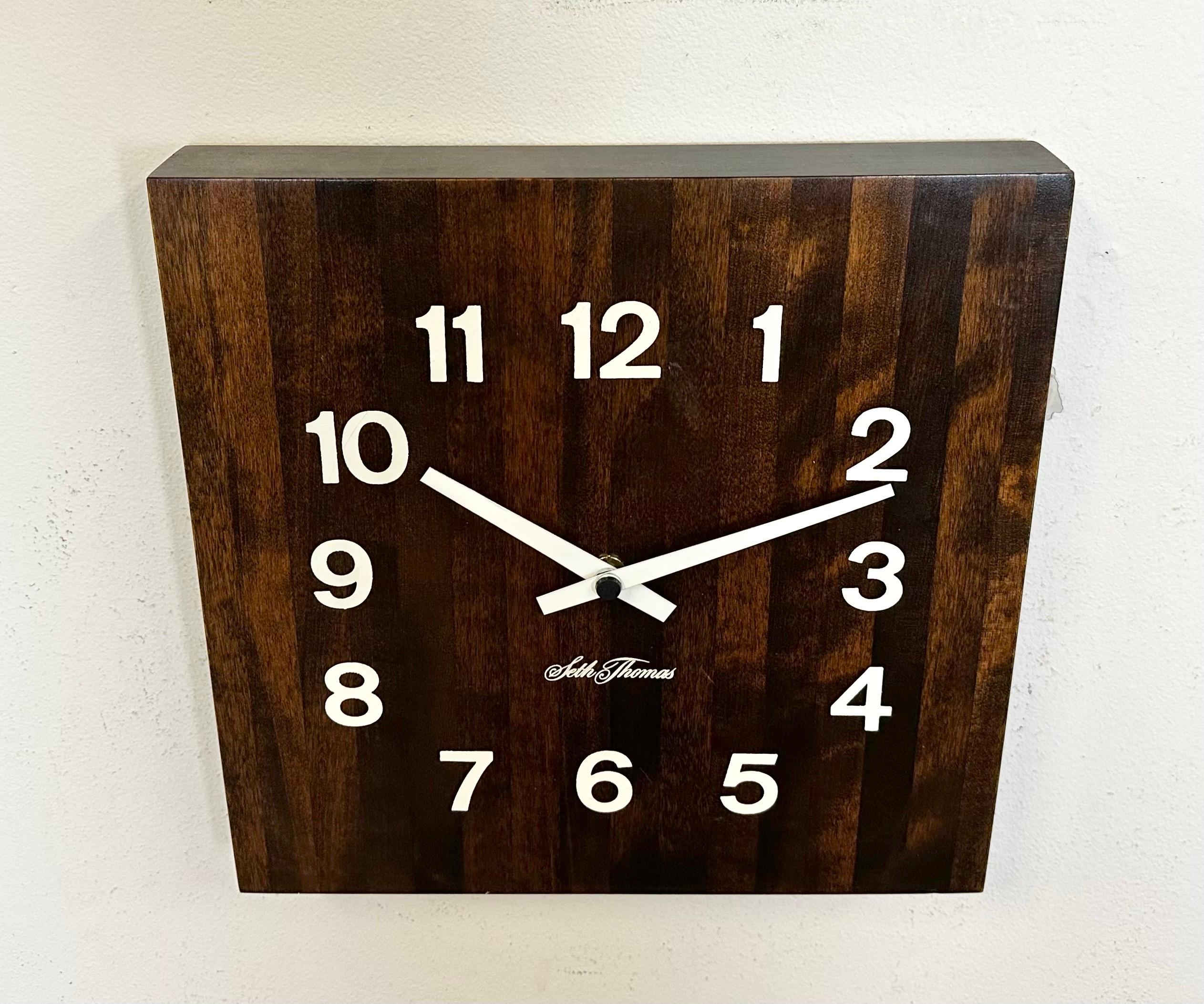 Industrial Vintage Brown Wooden Wall Clock from Seth Thomas, 1980s For Sale
