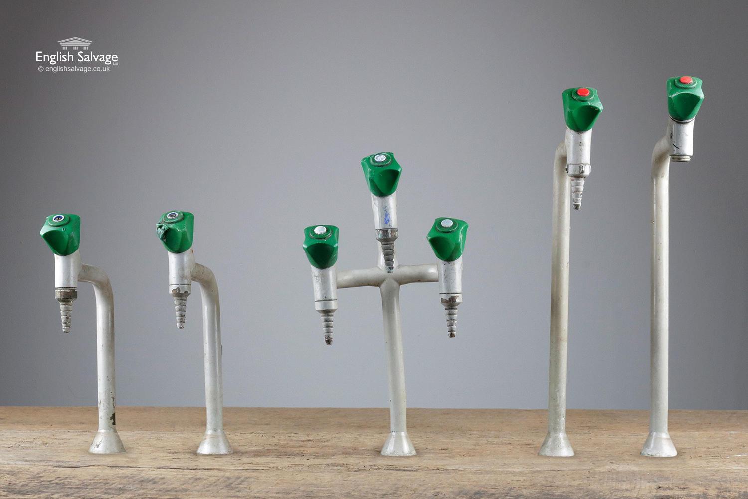 Reclaimed vintage Brownall lab gas taps, all with a rough internal pipe diameter of 1.5cm. We have 8 small taps, size of each below, (two are missing their green knobs), 5 large taps, each 4.5cm wide x 49.5cm high x 19.5cm deep (one is missing a