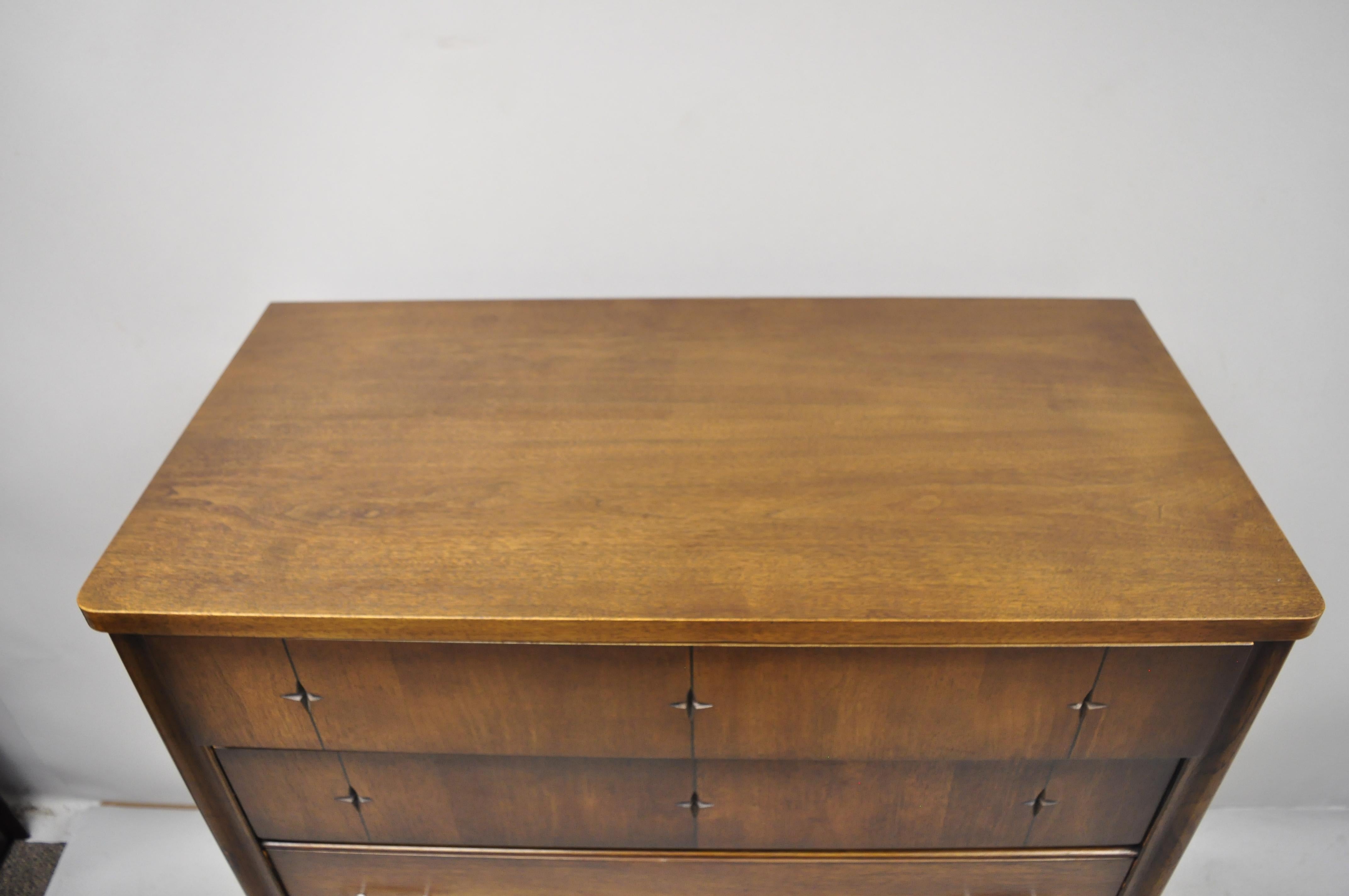 Veneer Vintage Broyhill Saga Mid-Century Modern Walnut Carved Star Tall Chest Dresser