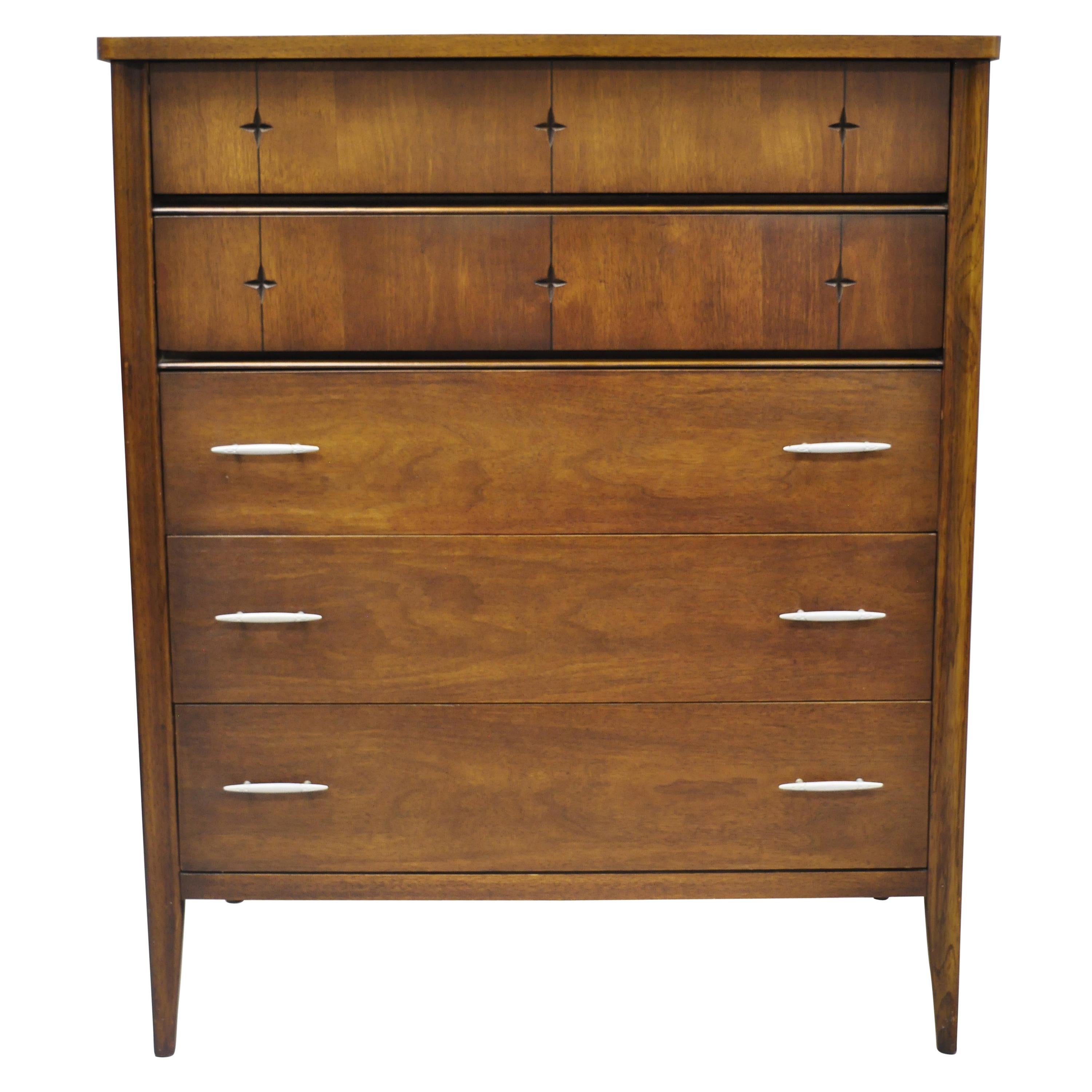 Vintage Broyhill Saga Mid-Century Modern Walnut Carved Star Tall Chest Dresser