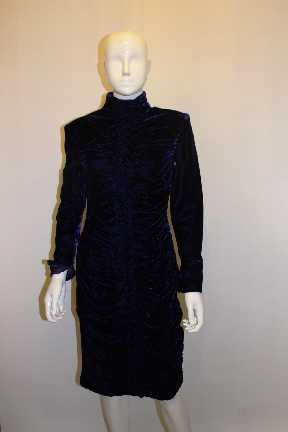 Vintage Bruce Oldfield Blauer Samt Partykleid Damen im Angebot
